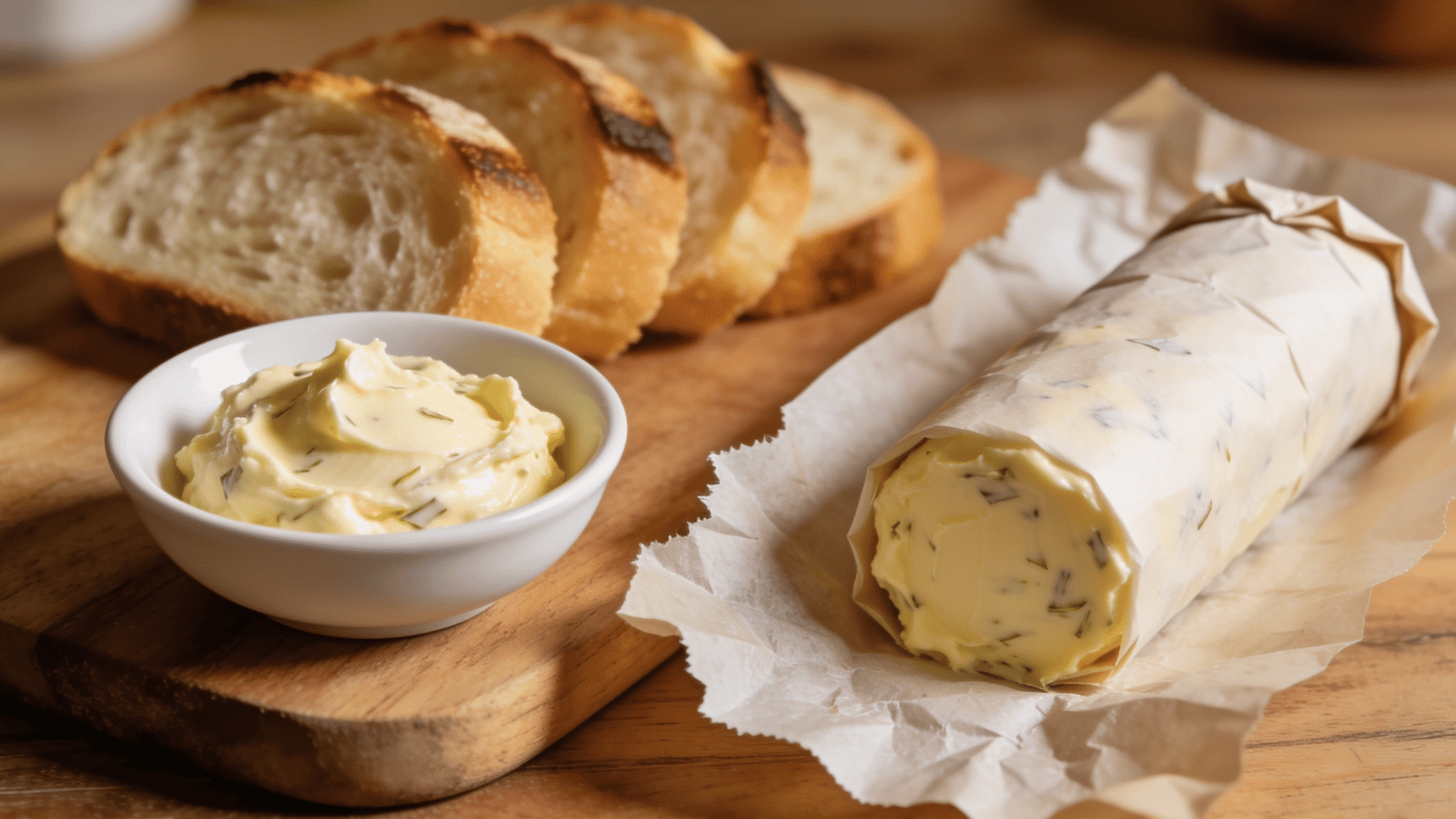 finished garlic butter served with warm bread and shaped into a parchment-wrapped log for storage