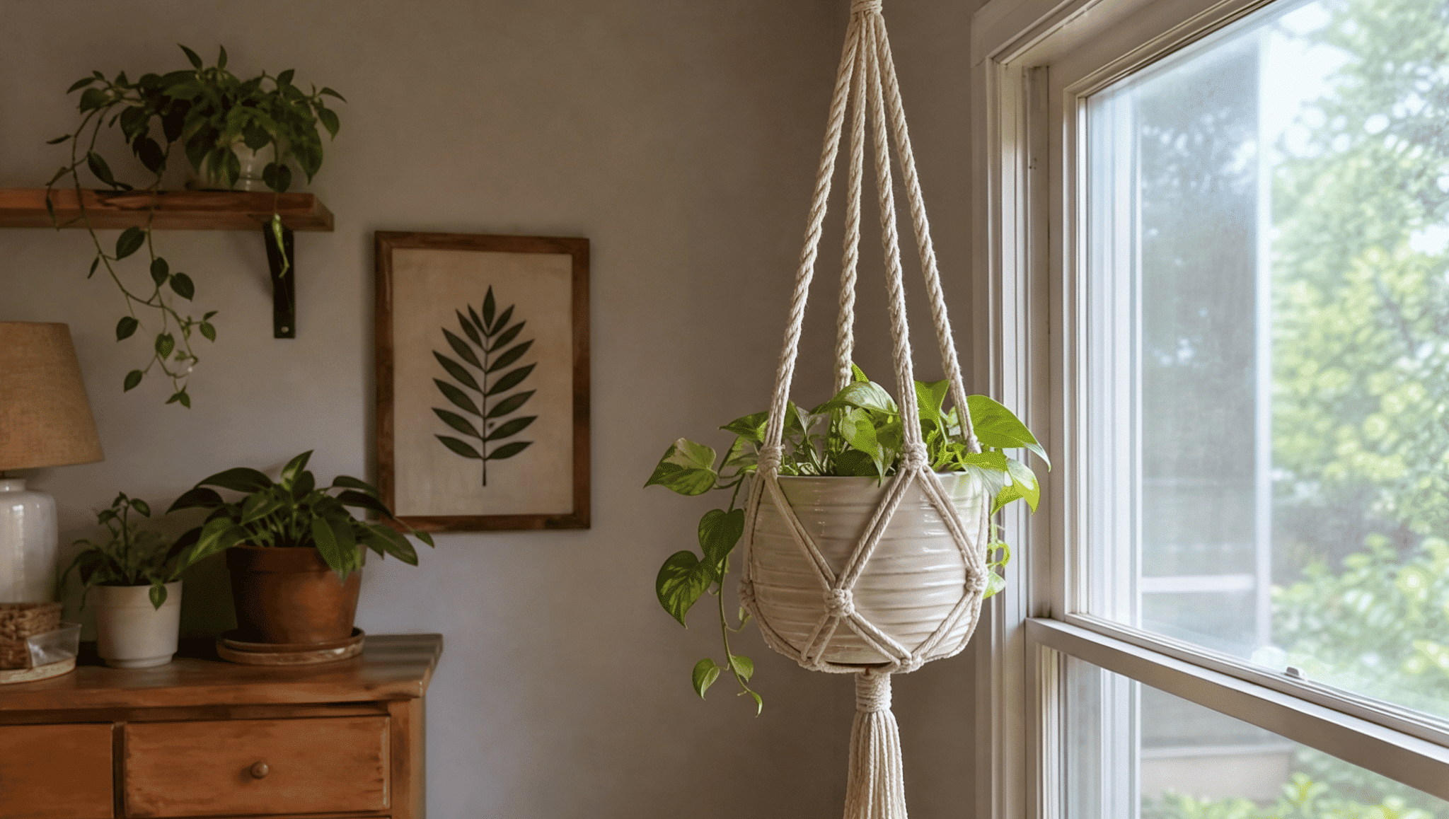 finished macrame plant hanger with green plant hanging near a bright home window