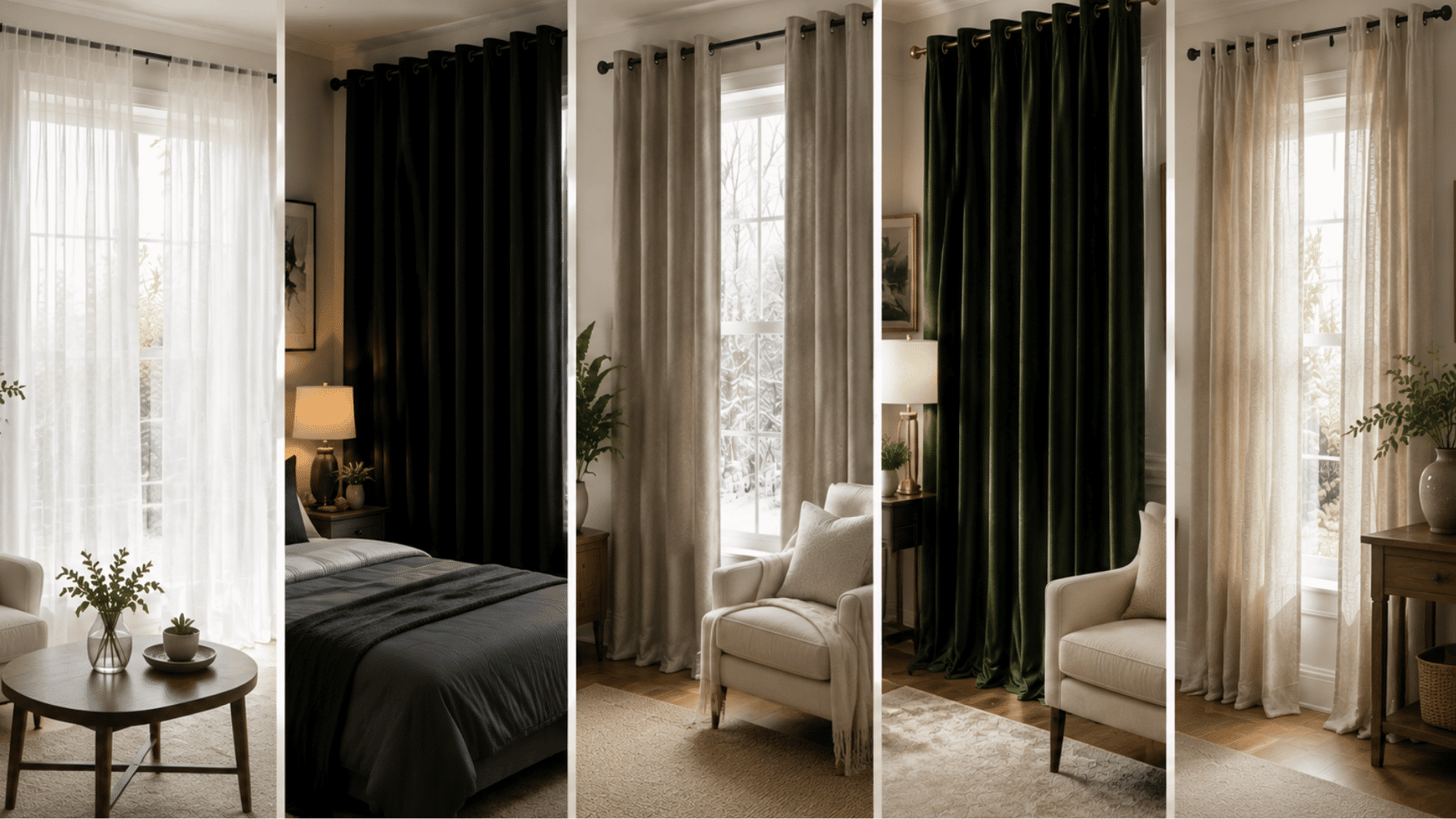 five curtain styles collage showing sheer, blackout, thermal, velvet, and linen curtains in realistic modern home interiors