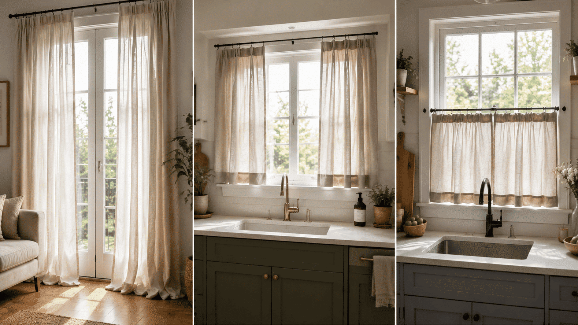 floor length, sill length, and café curtains displayed in a bright home interior collage with different window styles