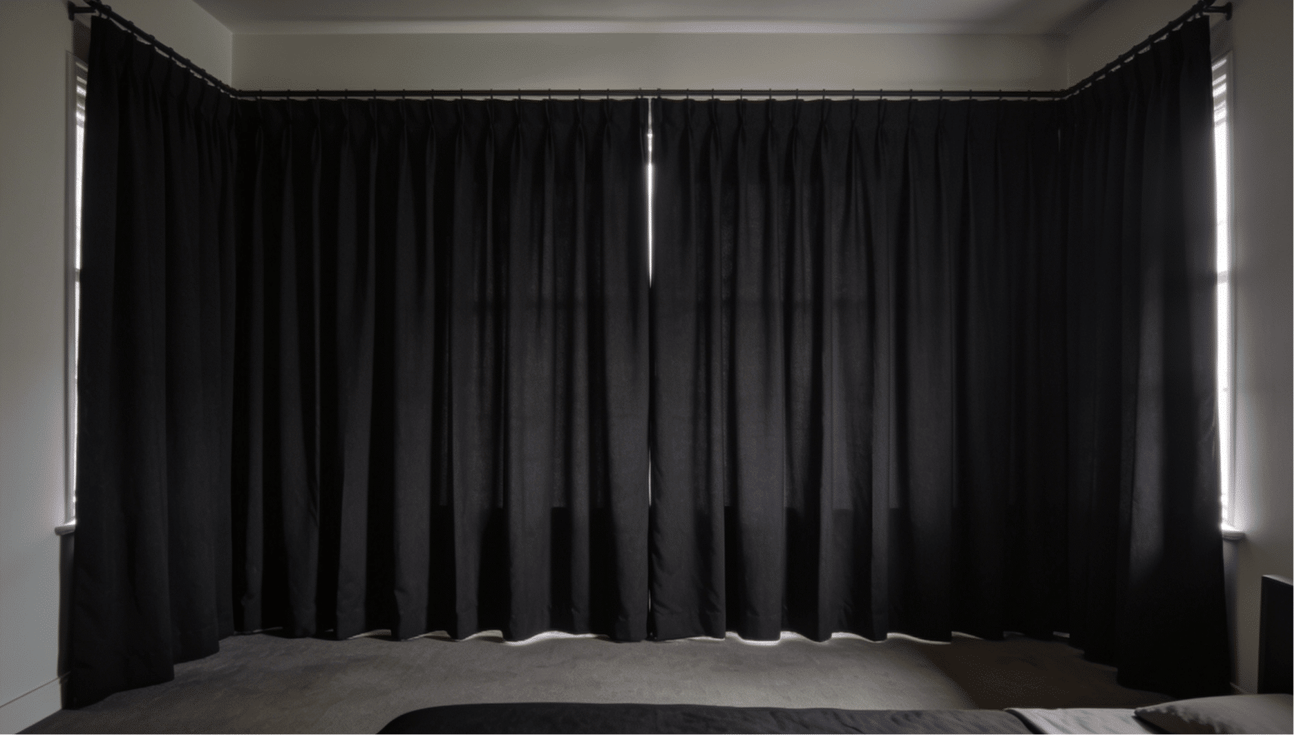 floor-to-ceiling black blackout curtains across a corner bedroom wall, with slivers of light at the seams.