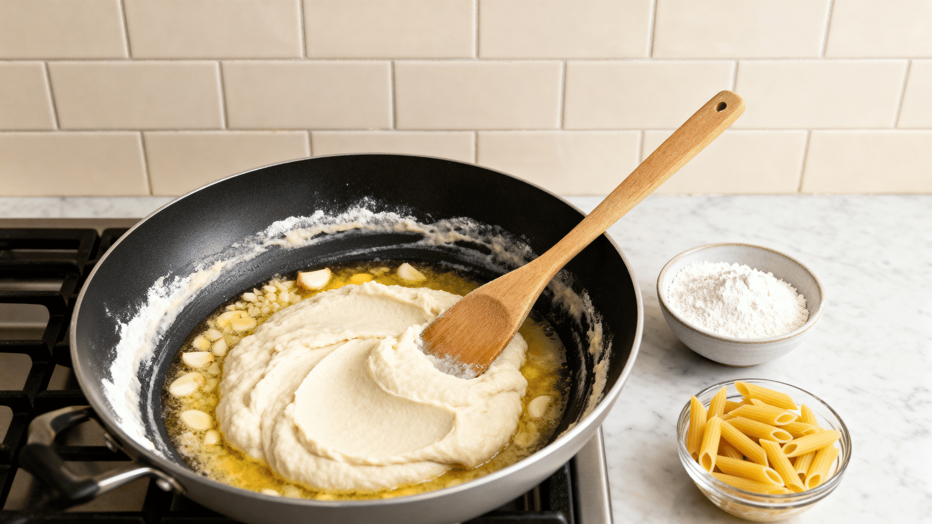 flour mixed into butter and garlic with penne pasta nearby to form a smooth base for white sauce pasta