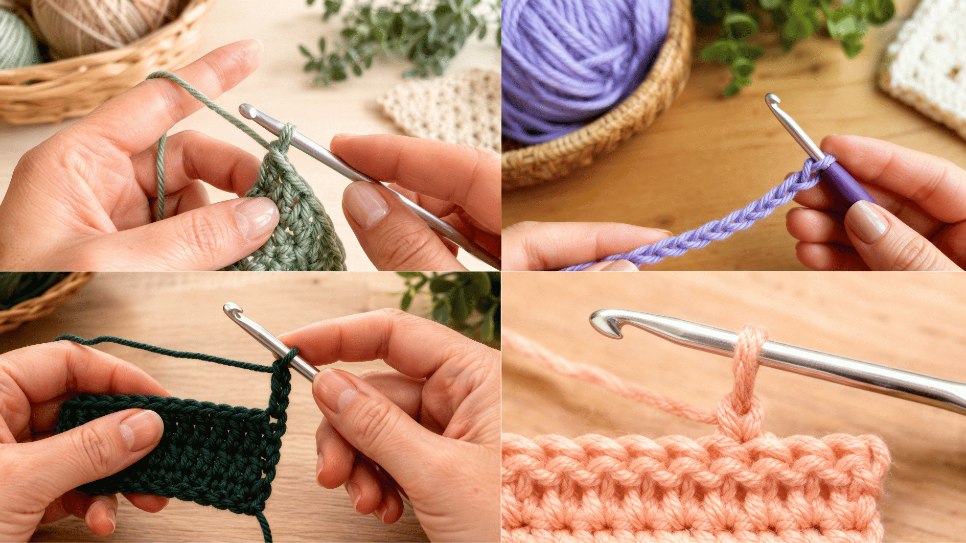 four crochet close-ups showing yarn over, foundation chain, turning chain, and stitch loop with crochet hooks
