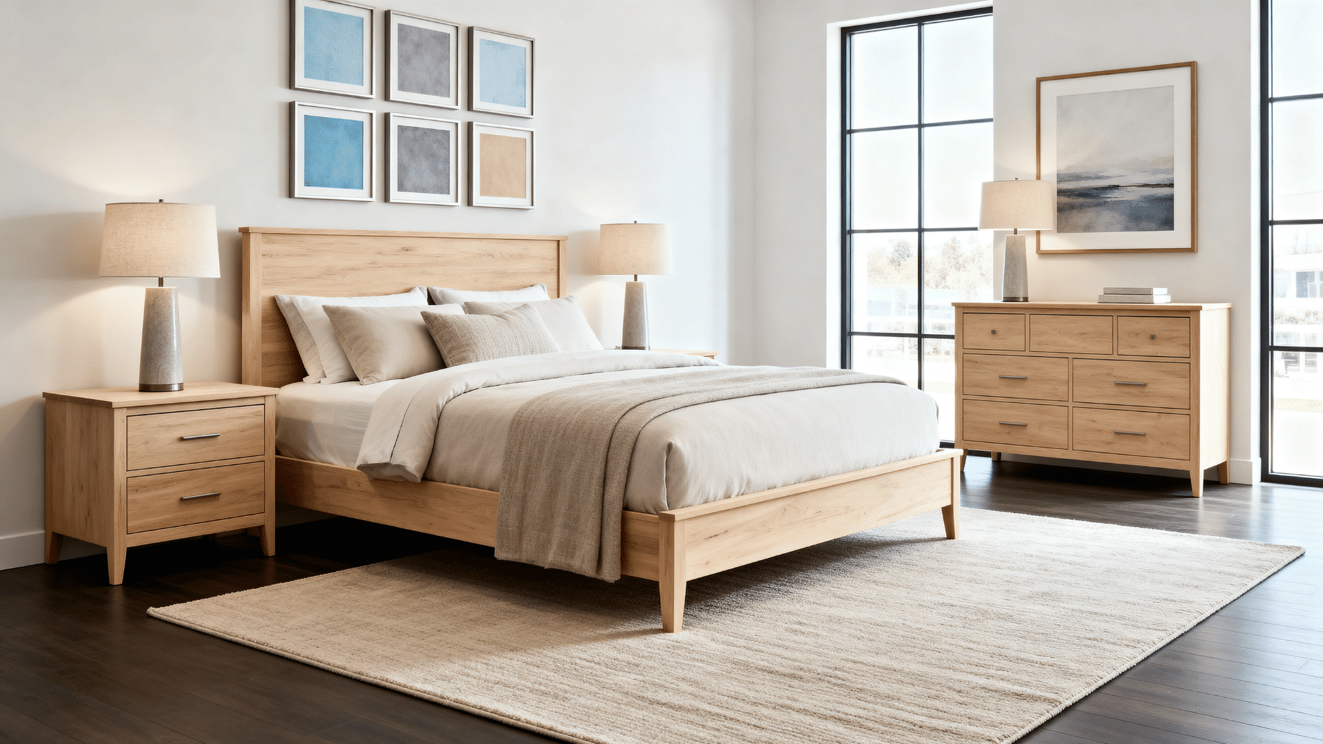 framed wall art bedroom above bed wood furniture neutral bedding and soft indoor lighting full room view