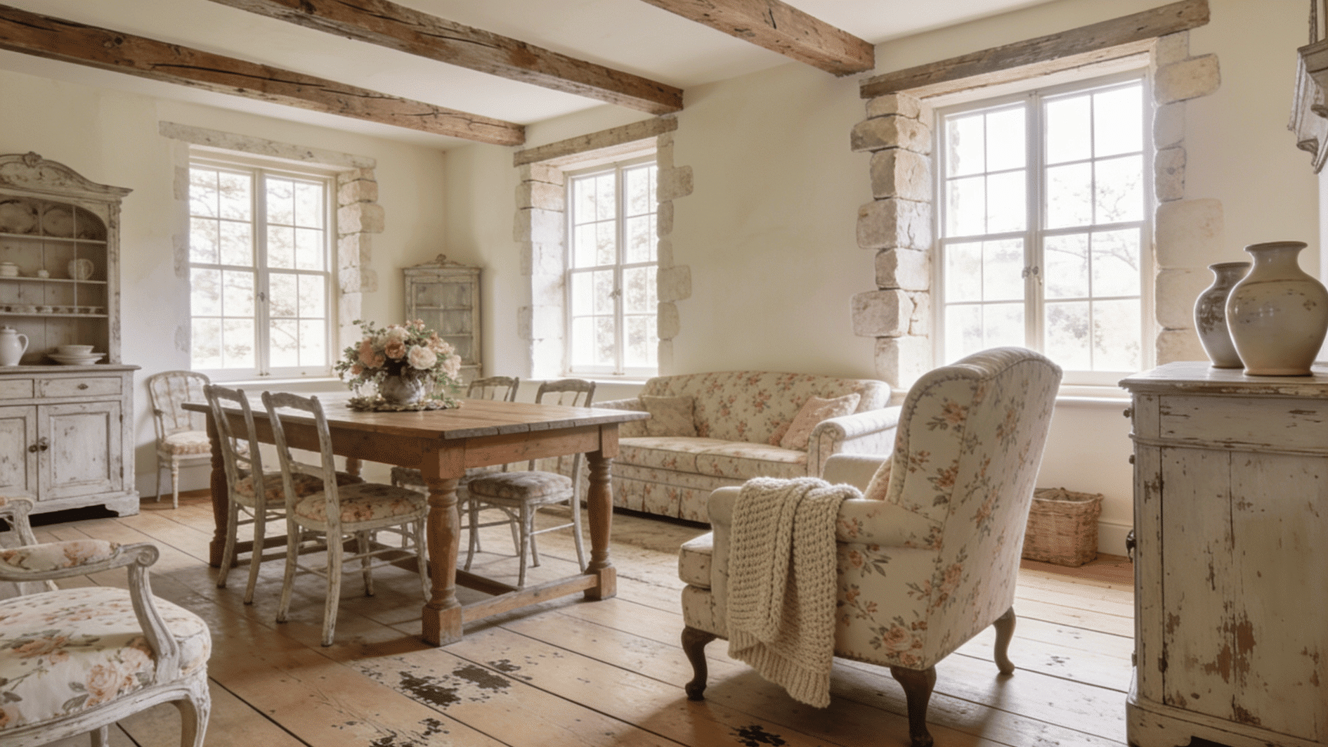 french country interior with rustic wood furniture floral fabrics pastel tones and cozy countryside charm