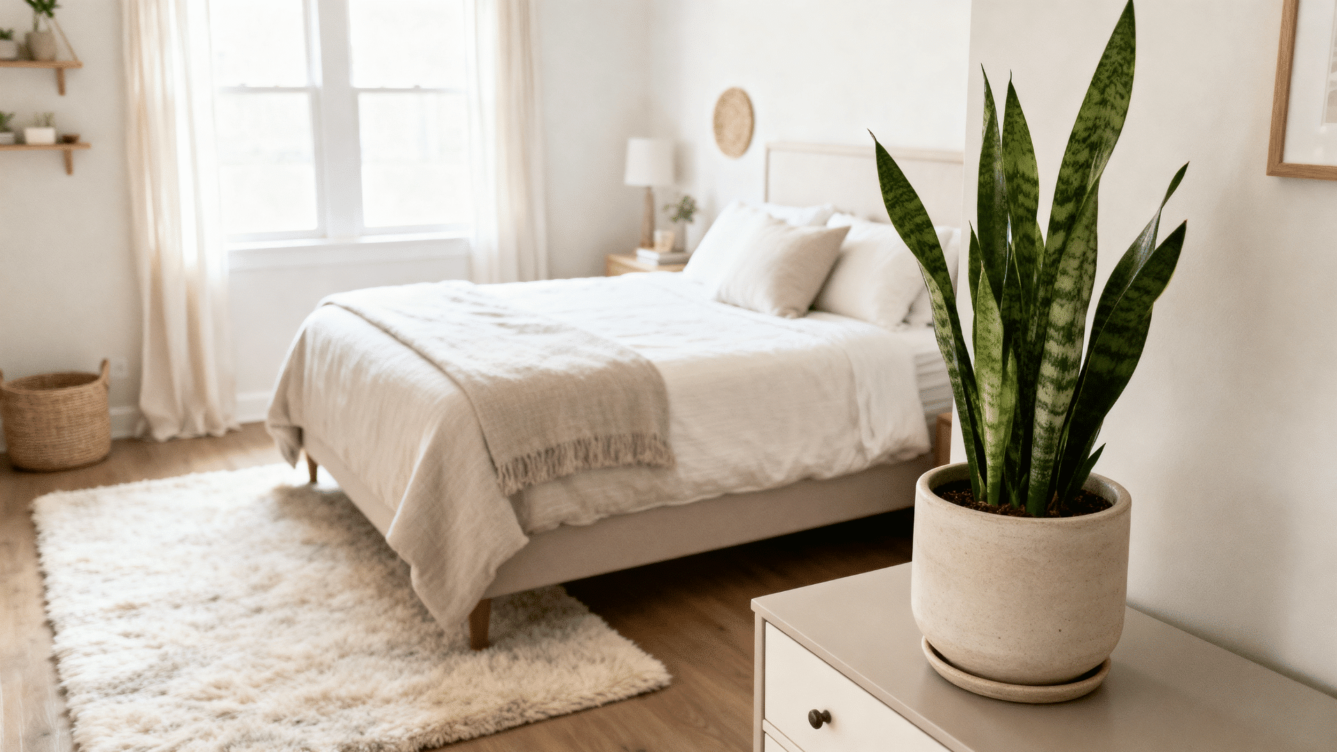 fresh guest bedroom with medium snake plant in ceramic planter on dresser and natural light across the room now