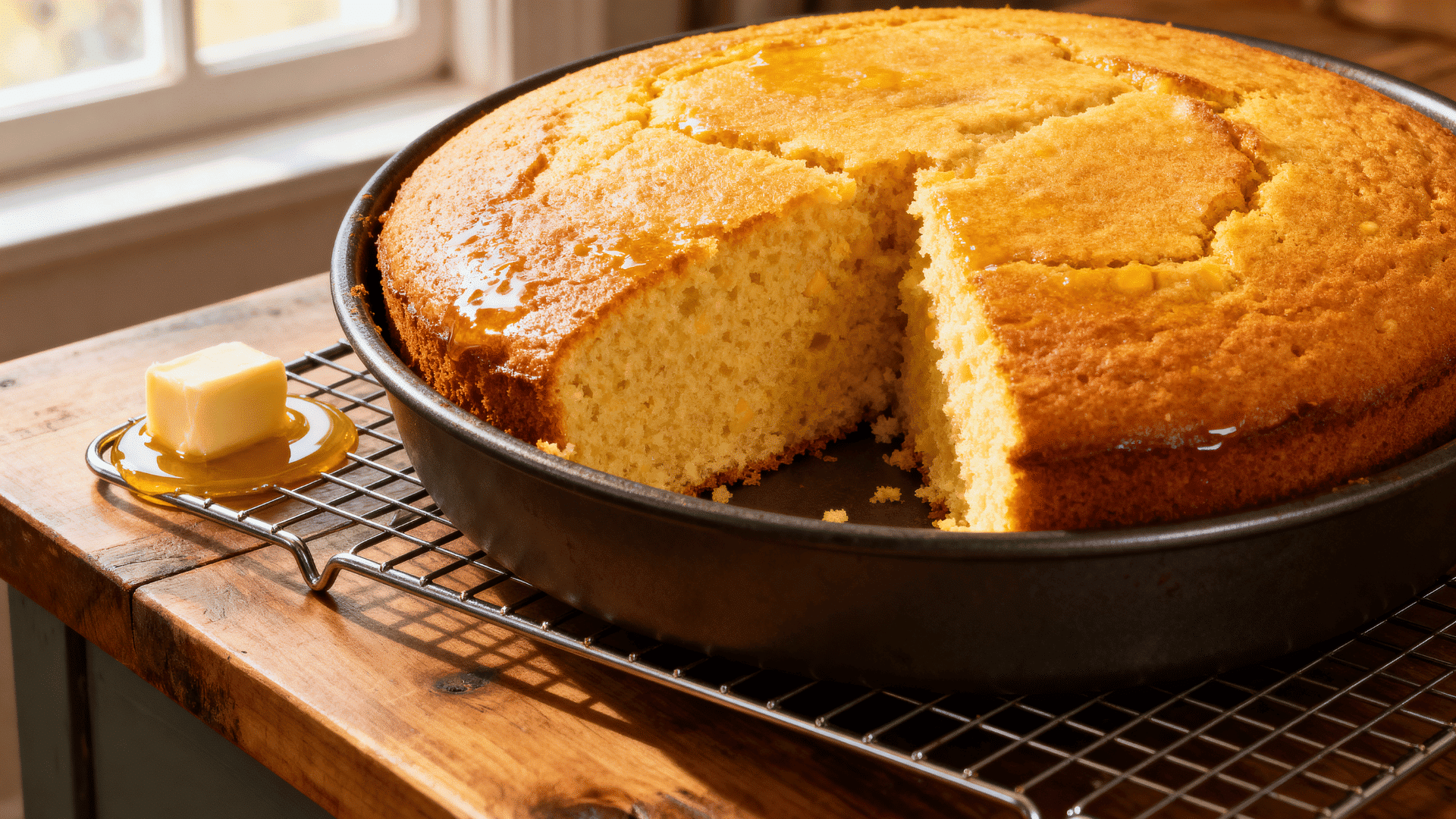 freshly baked sweet cornbread resting in a pan on a cooling rack