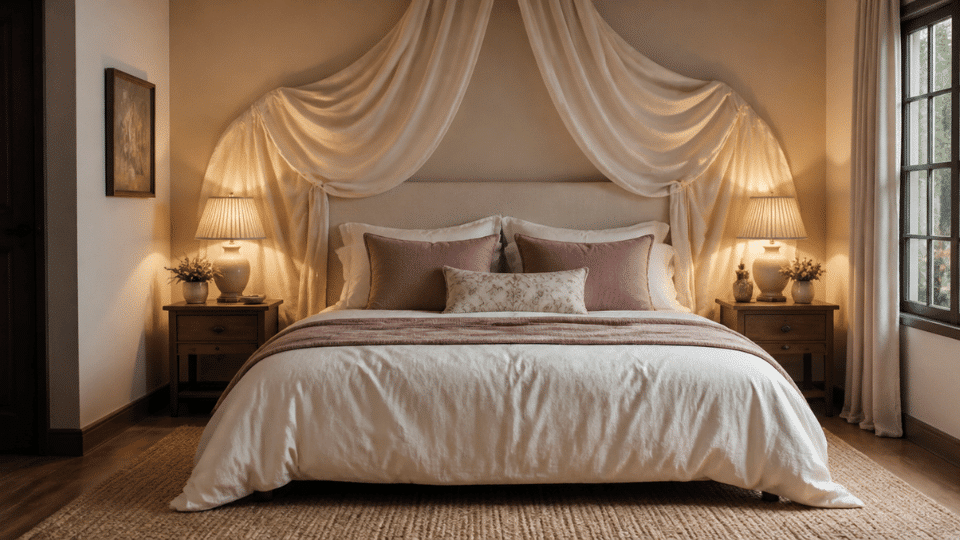 front view of a bed with light cream fabric draped loosely above and behind the headboard soft canopy style fabric falling on both sides warm beige walls ivory bedding muted rose pillow covers sma