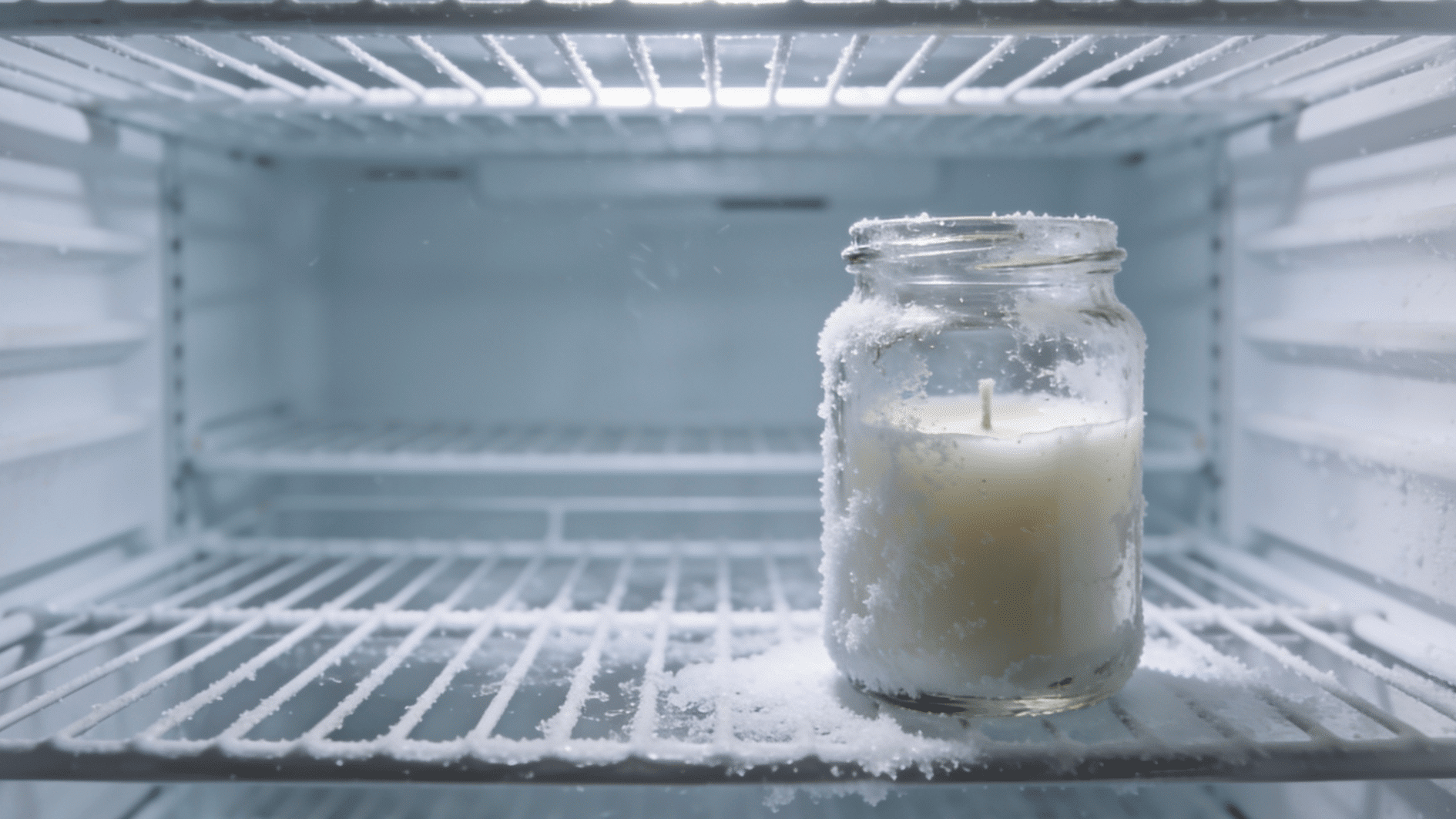 frozen candle jar with hardened wax separating from glass after cooling for easy removal and reuse