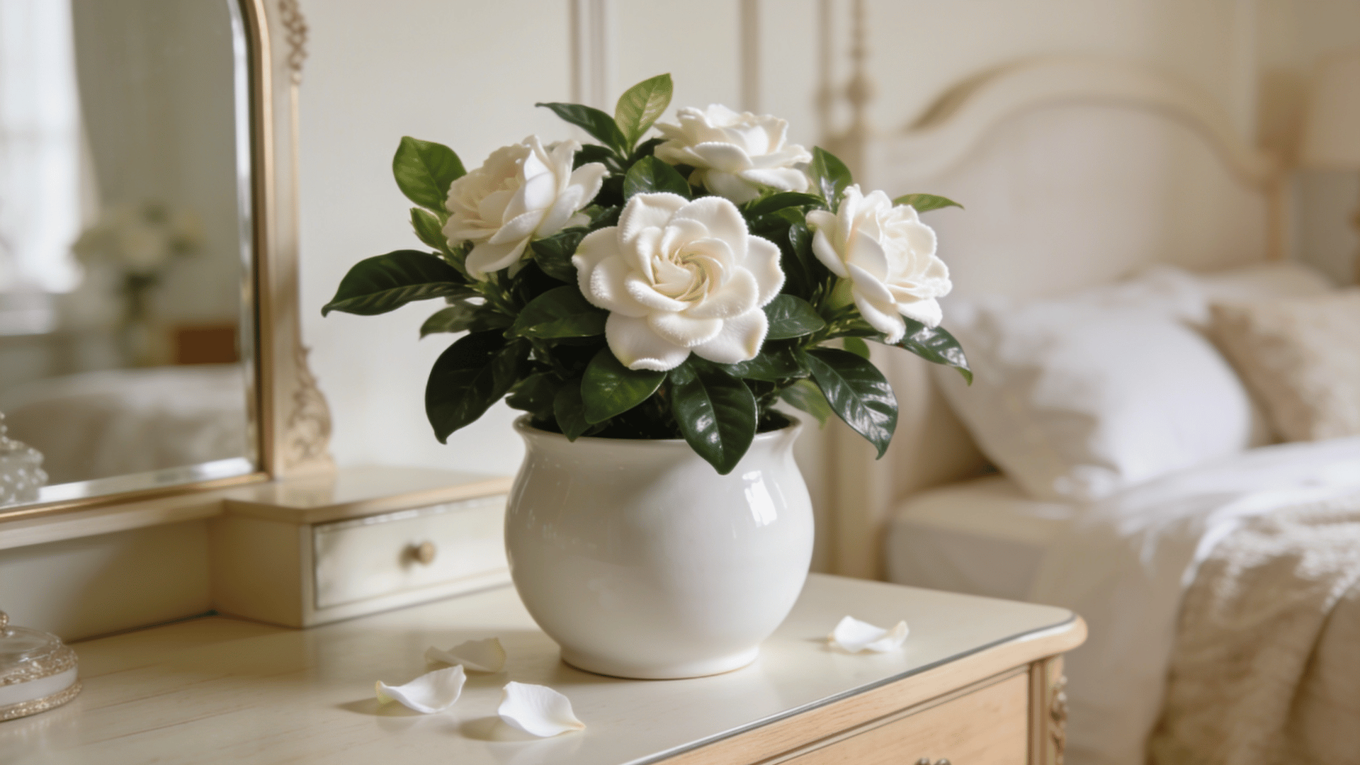gardenia plant with white blooms in a ceramic pot on a bedroom dresser beside a bed with soft natural light