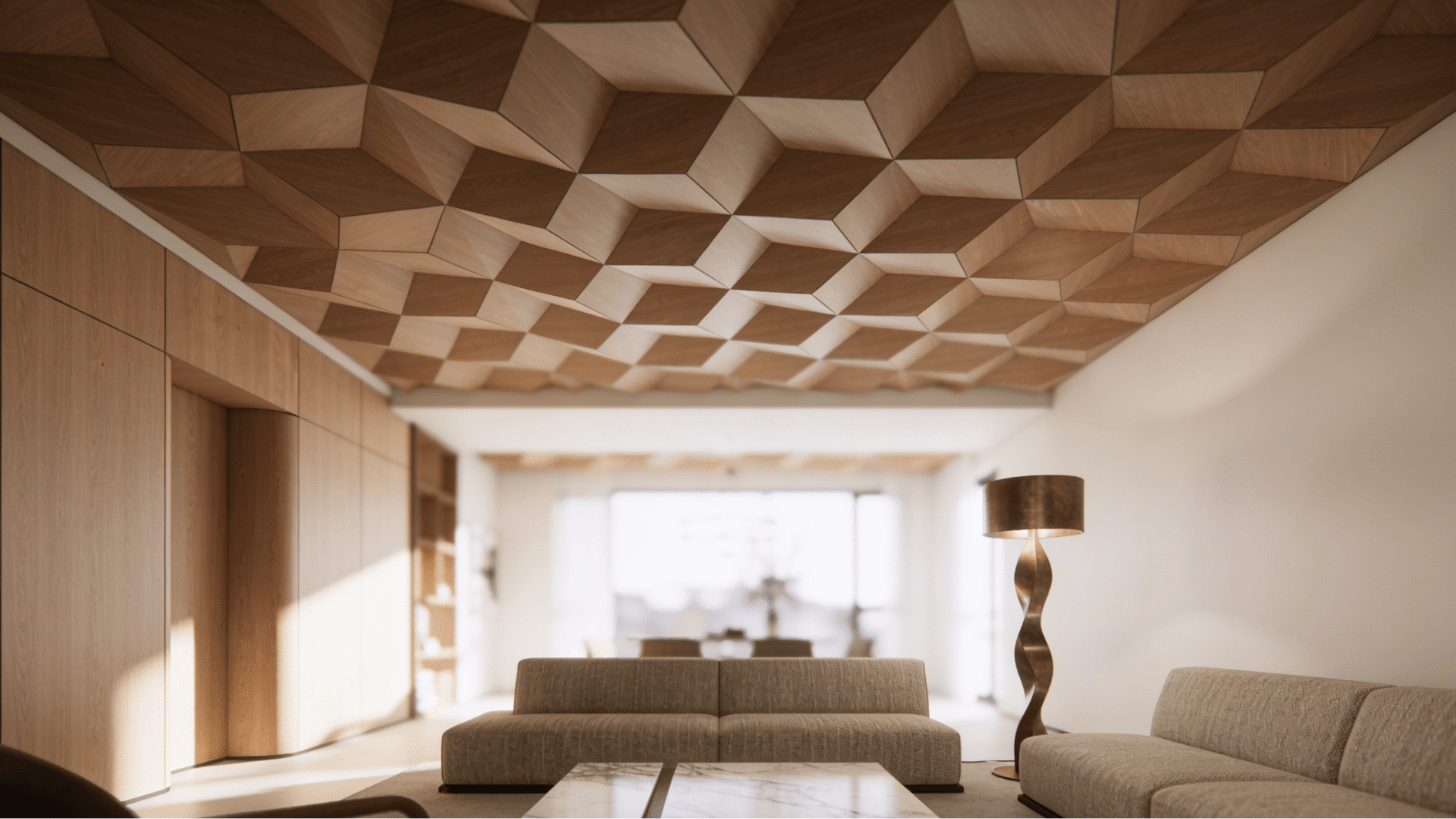 geometric wood panel ceiling with angular wood panels in a contemporary modern luxury living room with soft lighting
