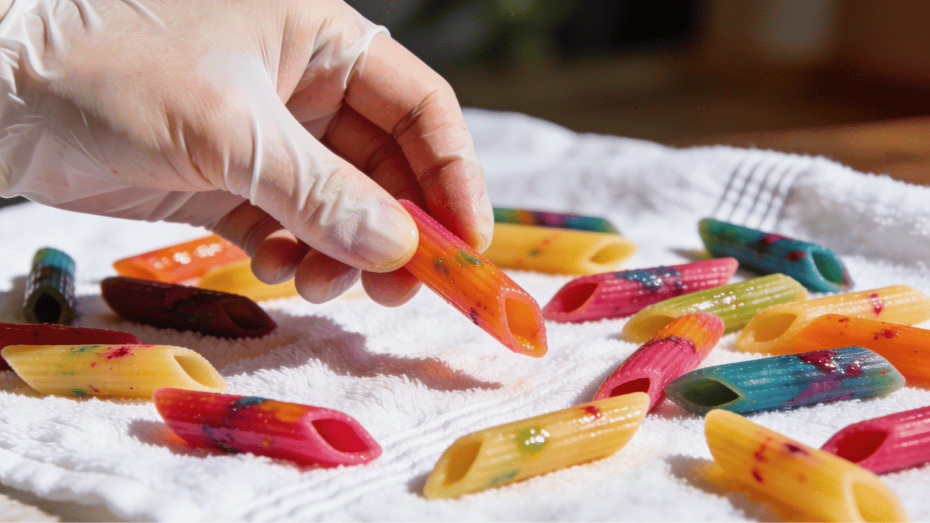 gloved hand inspecting colored dyed pasta on a white paper towel checking for even coverage and pale spots