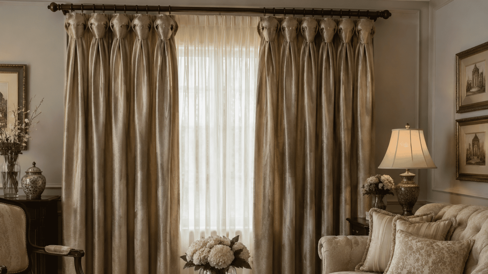 goblet pleat curtains with rounded folds in an elegant formal living room with rich fabric and warm lighting
