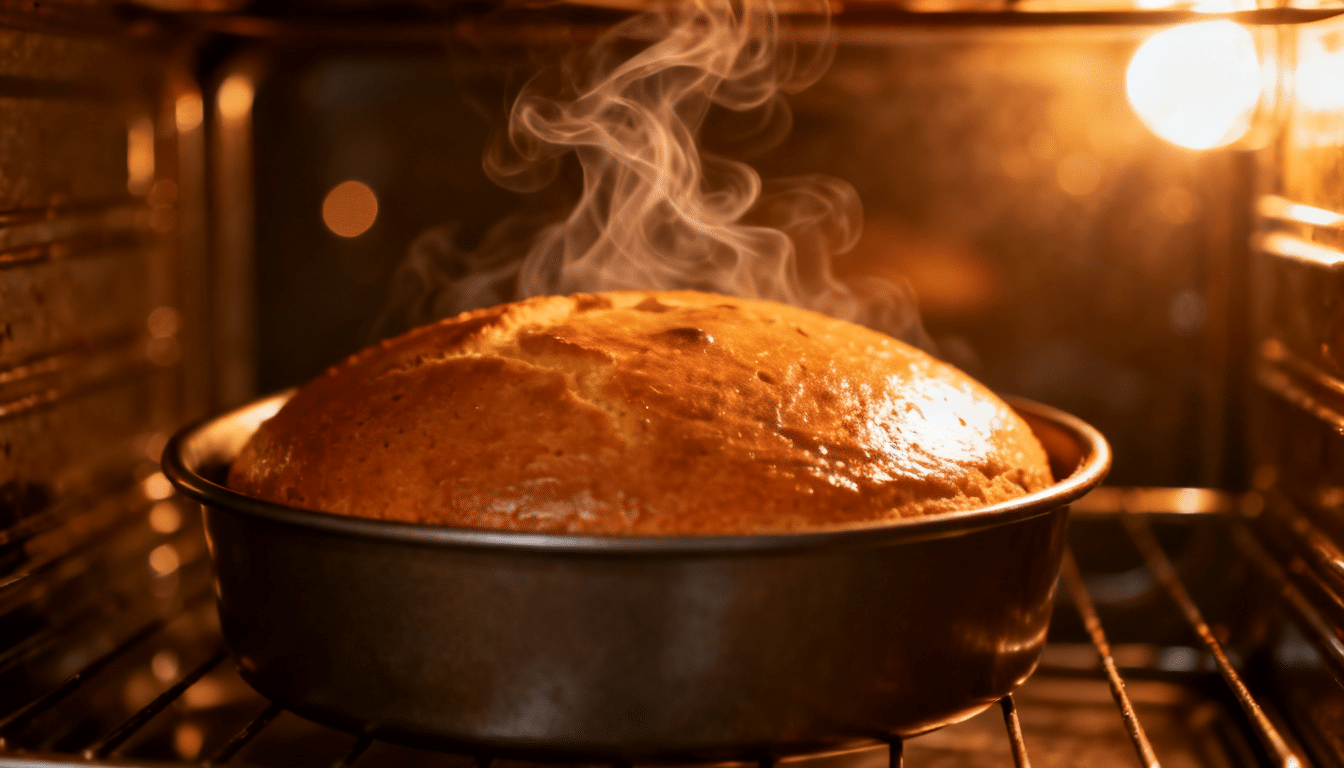golden cake baking in a round pan inside the oven with a risen top and warm steam rising above it