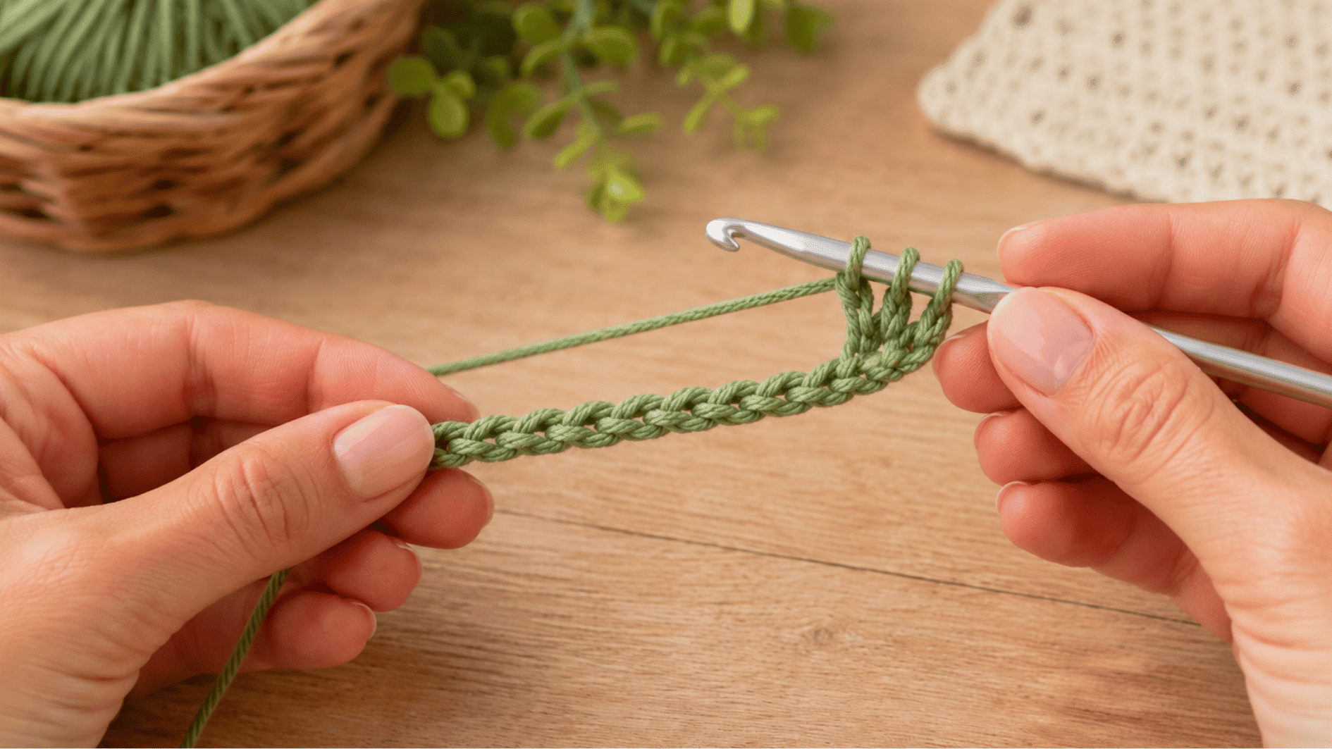 green crochet chain with three loops on the hook, showing the pull-up loop step for half double crochet