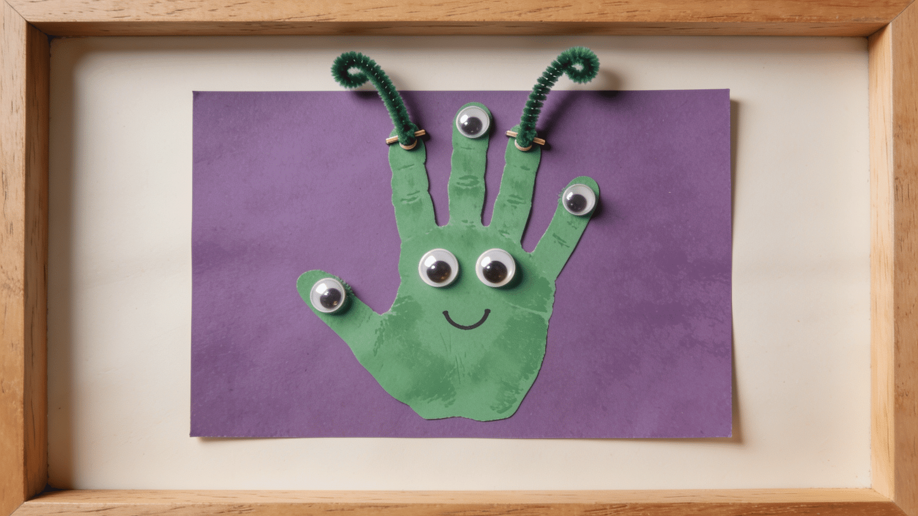 green handprint alien craft on purple cardstock, with googly eyes near the fingertips, a small smiling mouth, and pipe-cleaner antennae, displayed as a framed keepsake.
