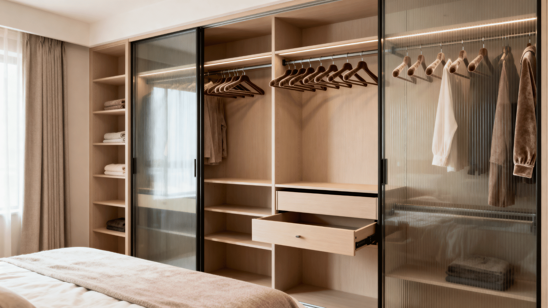 guest bedroom closet with clear hanging space empty velvet hangers open drawer and visible storage shelves ready