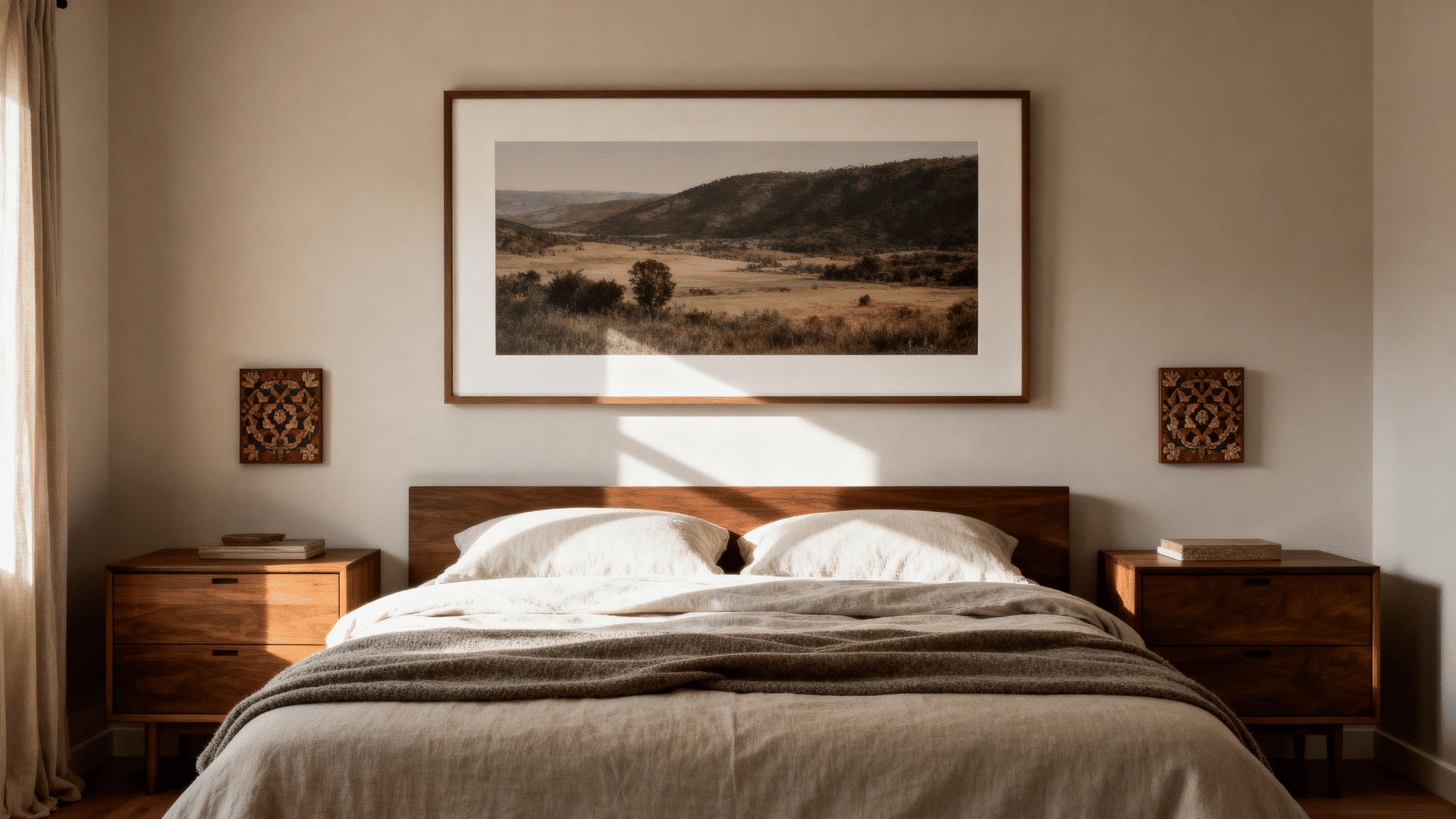 guest bedroom with large framed art above bed cohesive muted colors simple decor and balanced wall styling now