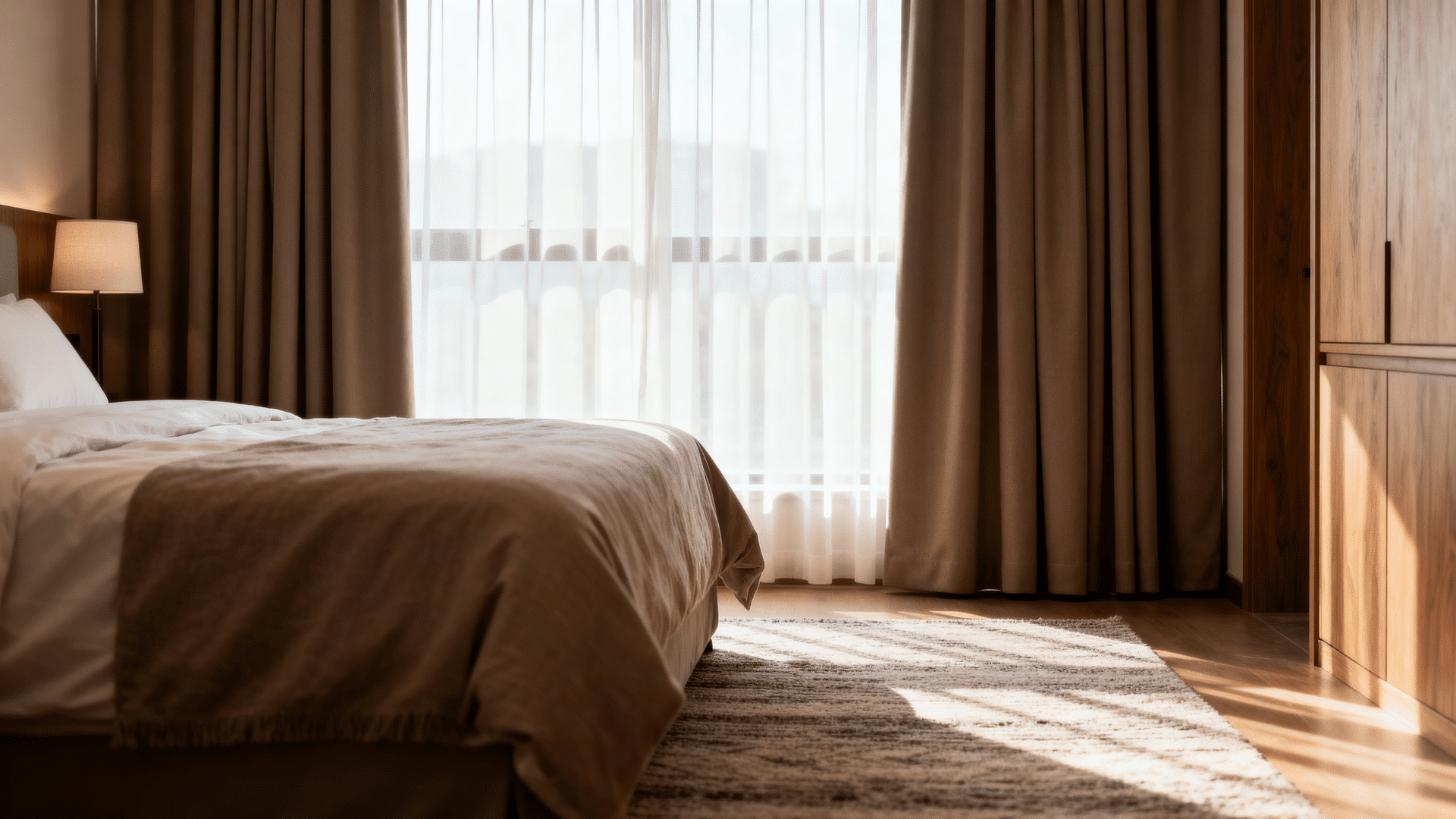guest bedroom with layered sheer curtains blackout panels wide window coverage and soft private daylight inside