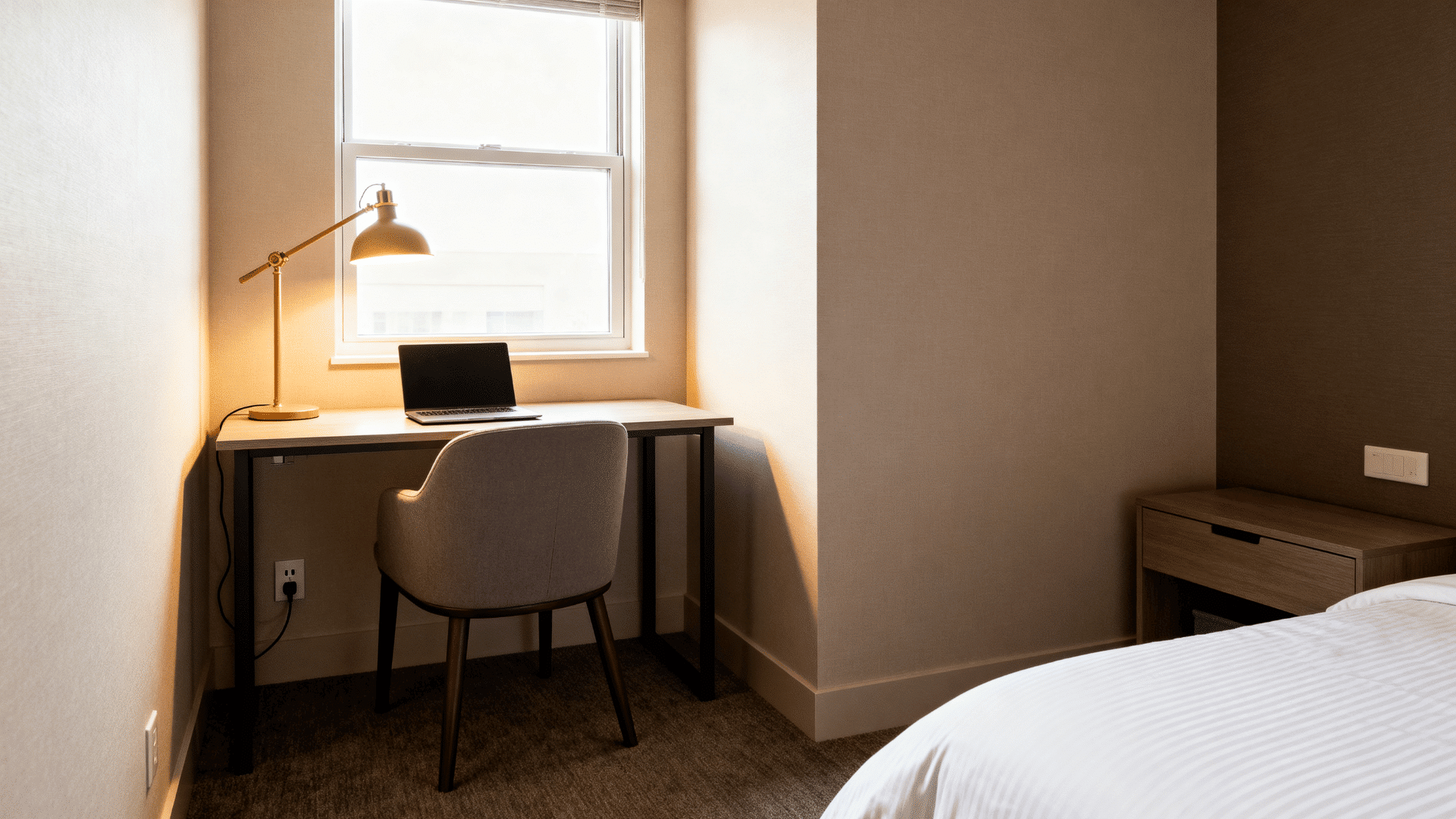 guest room work corner with compact desk tucked chair warm task lamp laptop space and nearby wall outlet access