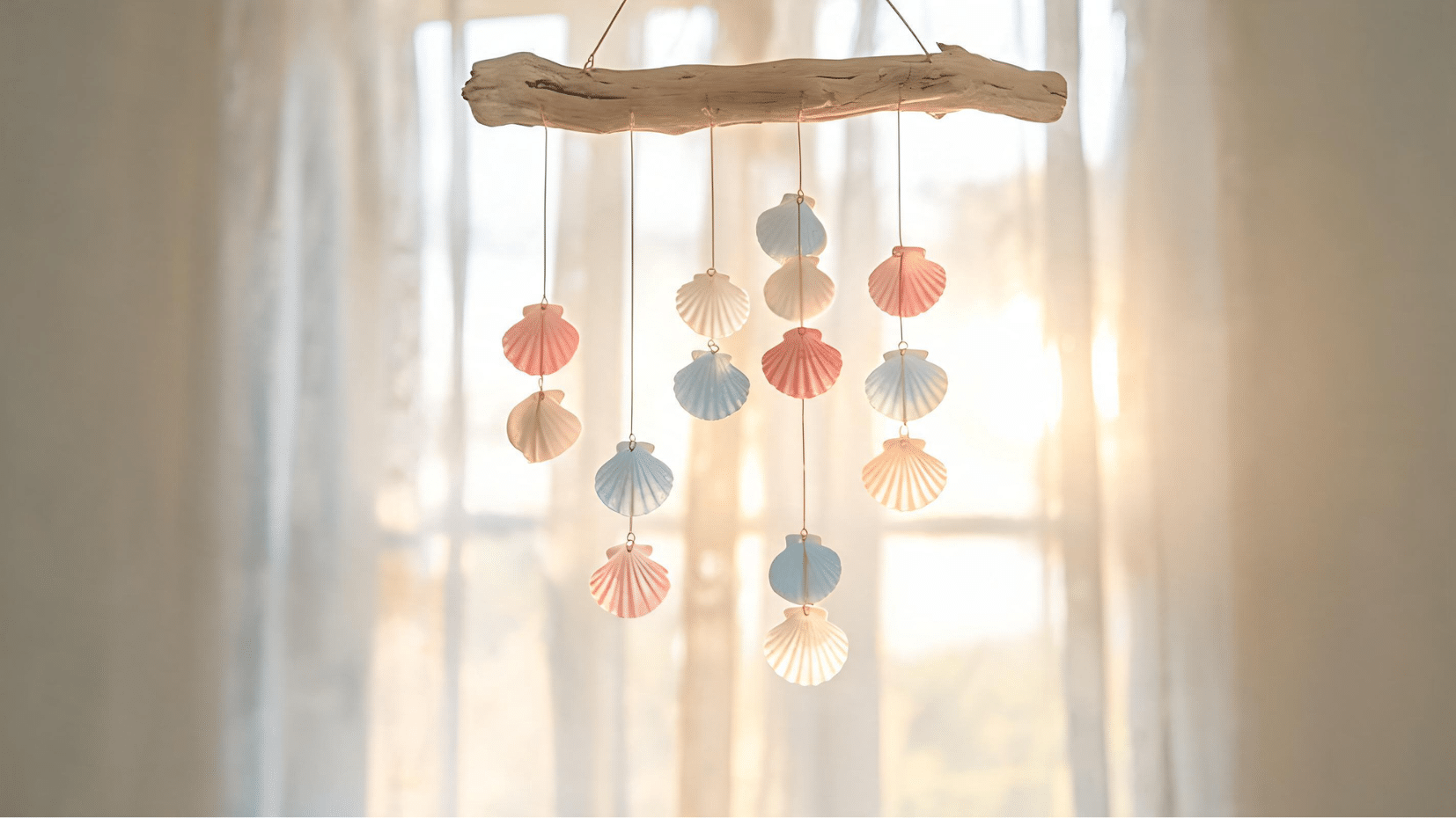 handmade hanging decor with pastel seashells on string (1)