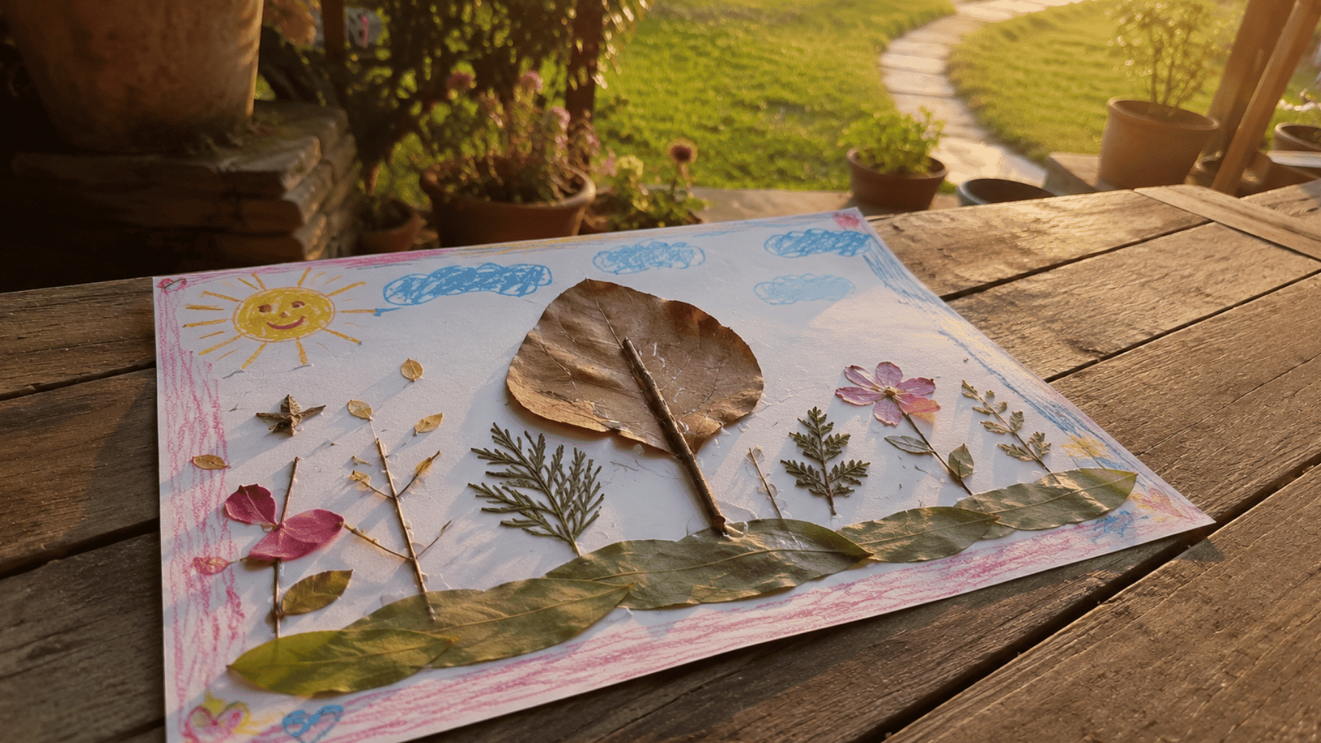 handmade nature collage with leaves, twigs, and flowers on a wooden porch table at sunset