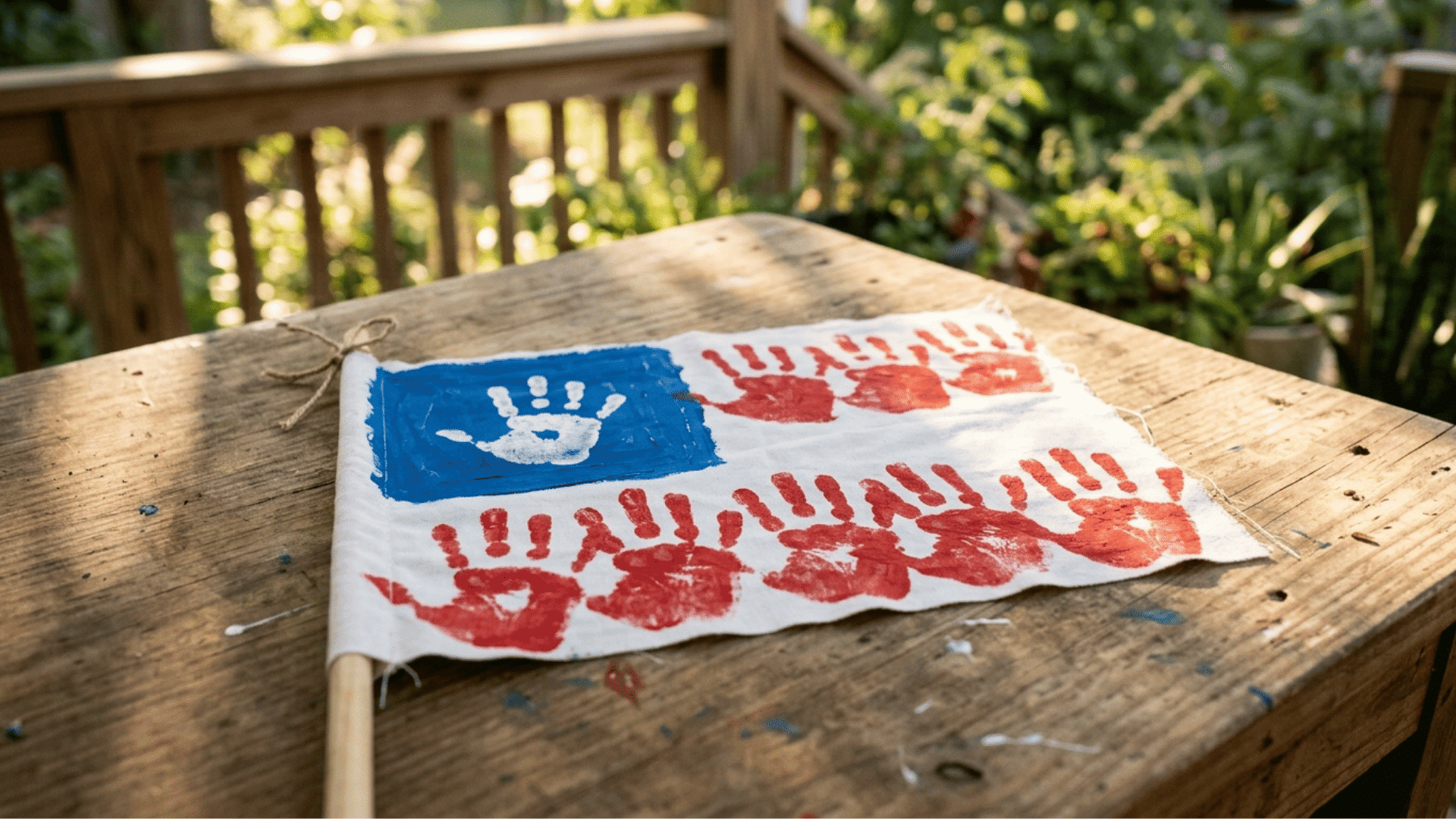 handprint flag craft with red and white handprints drying on a sunny porch table