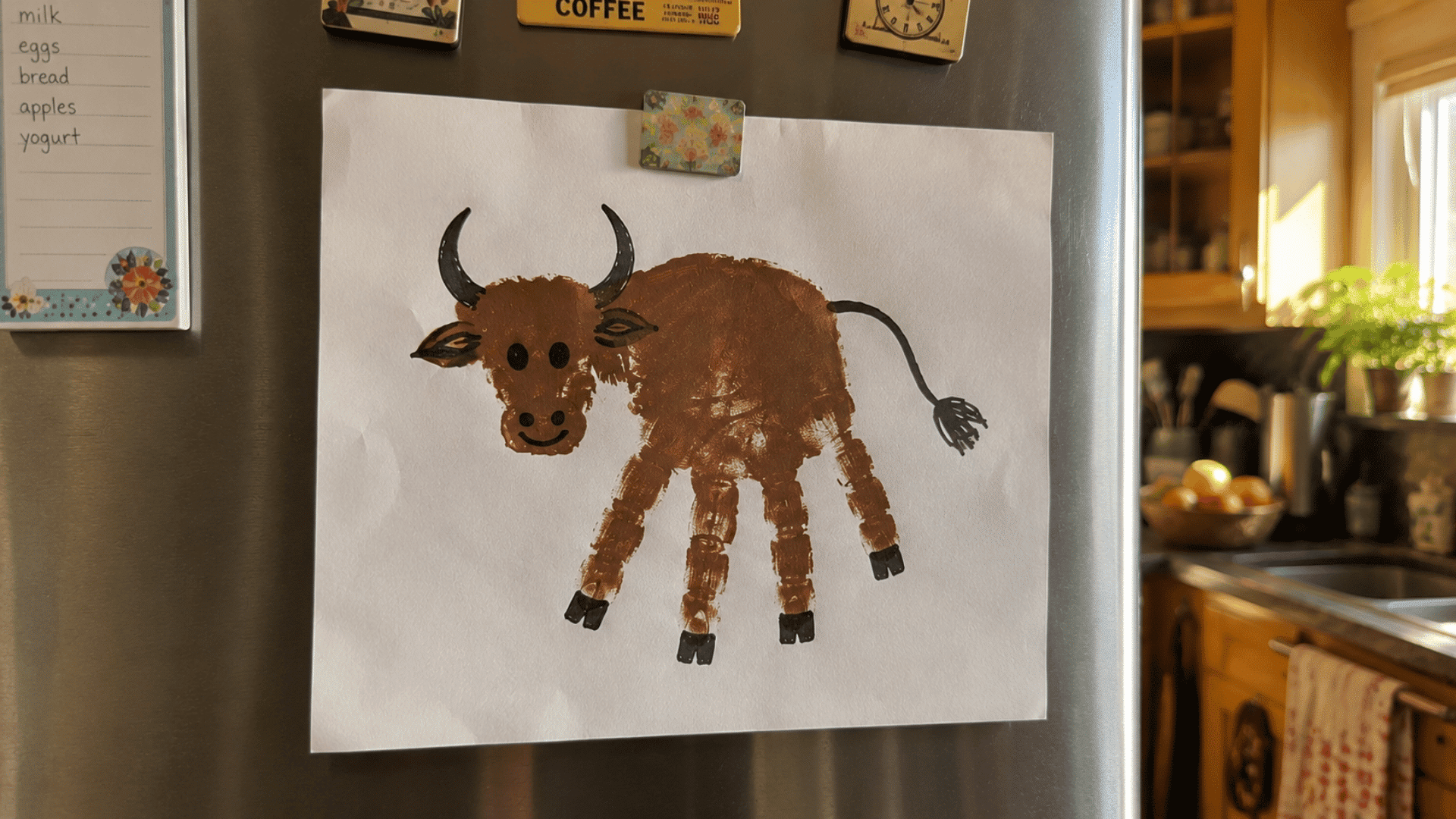 handprint painted into a buffalo design taped to a kitchen refrigerator