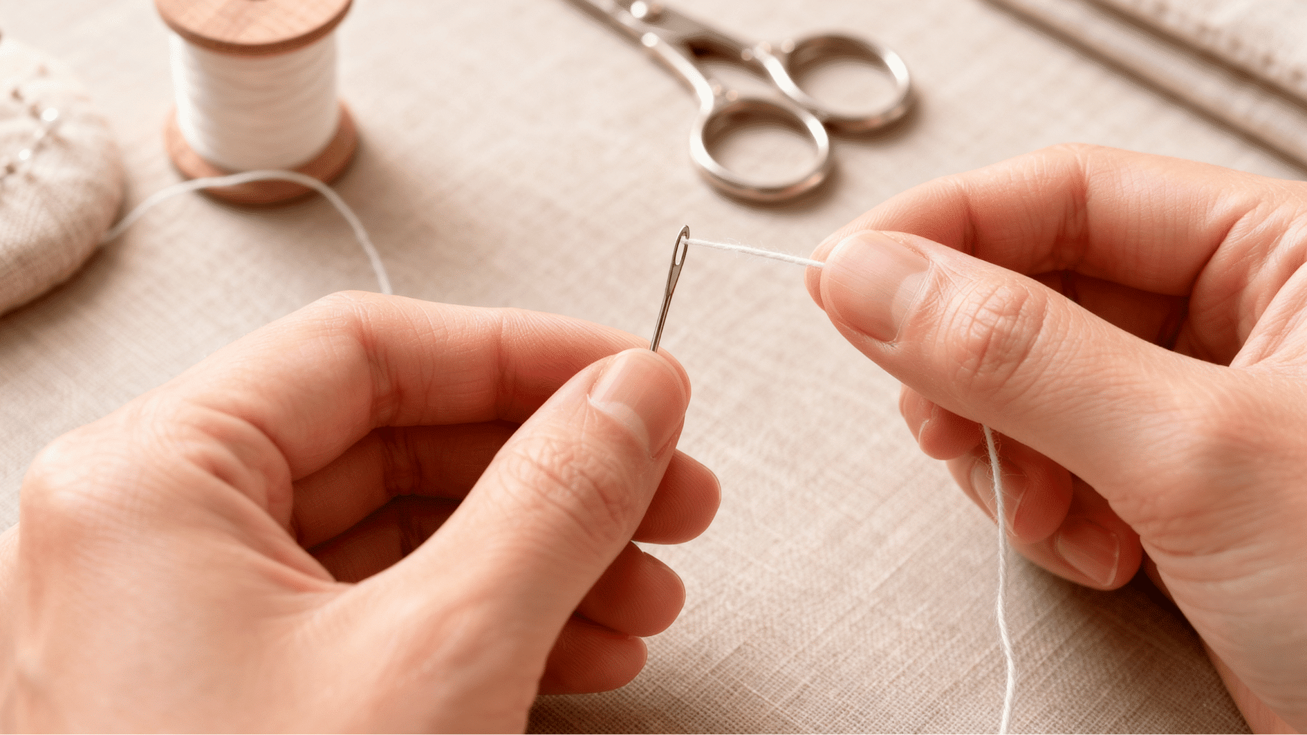 hands aligning white thread with the eye of a silver sewing needle on a beige fabric workspace with scissors and thread spool nearby