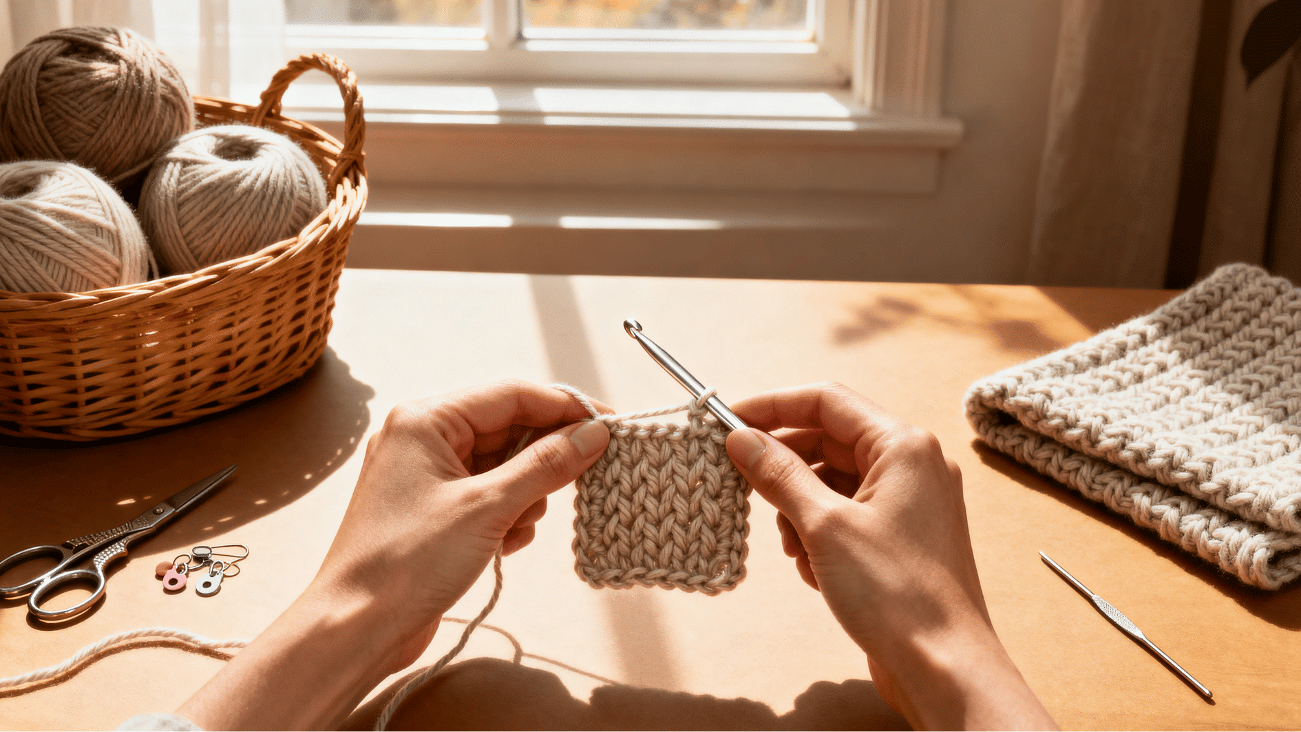 hands crocheting a half double crochet swatch on a sunny craft table with yarn, scissors, markers, and blanket nearby