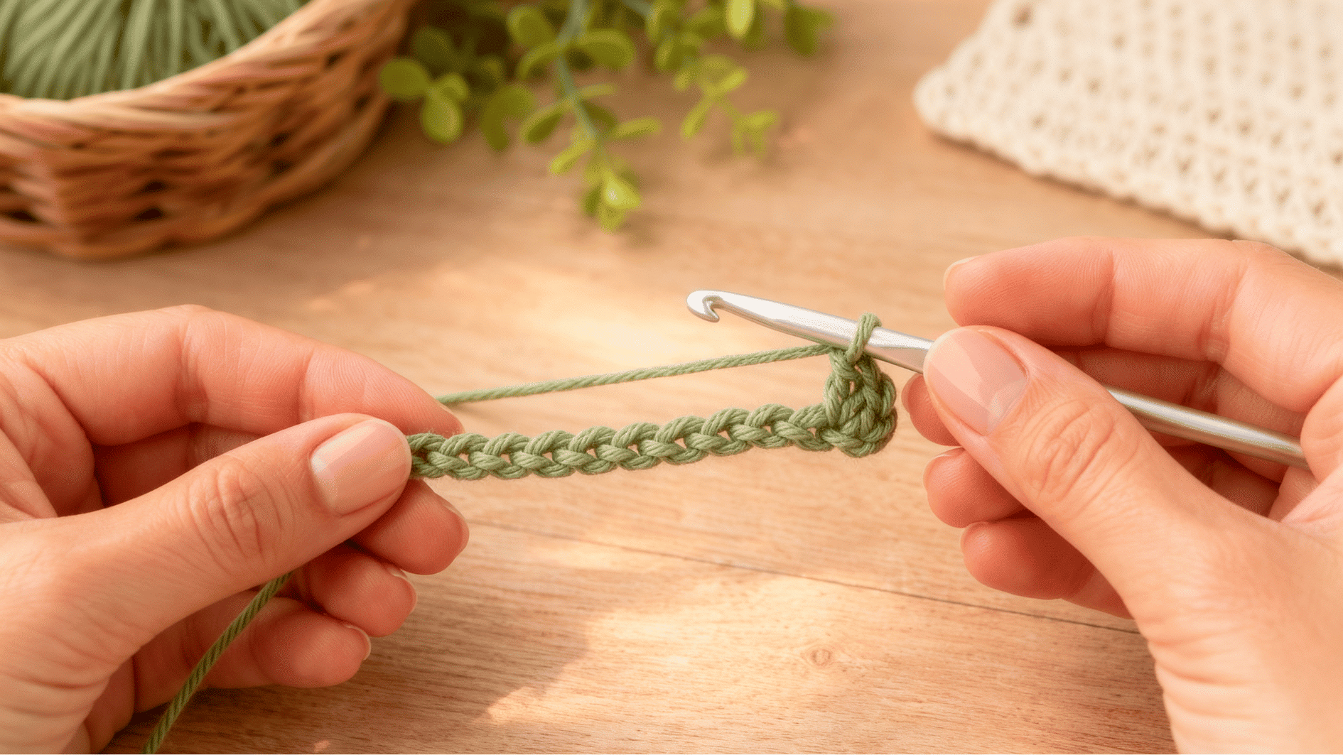 hands finishing a half double crochet stitch in green yarn with a silver hook on a wooden table