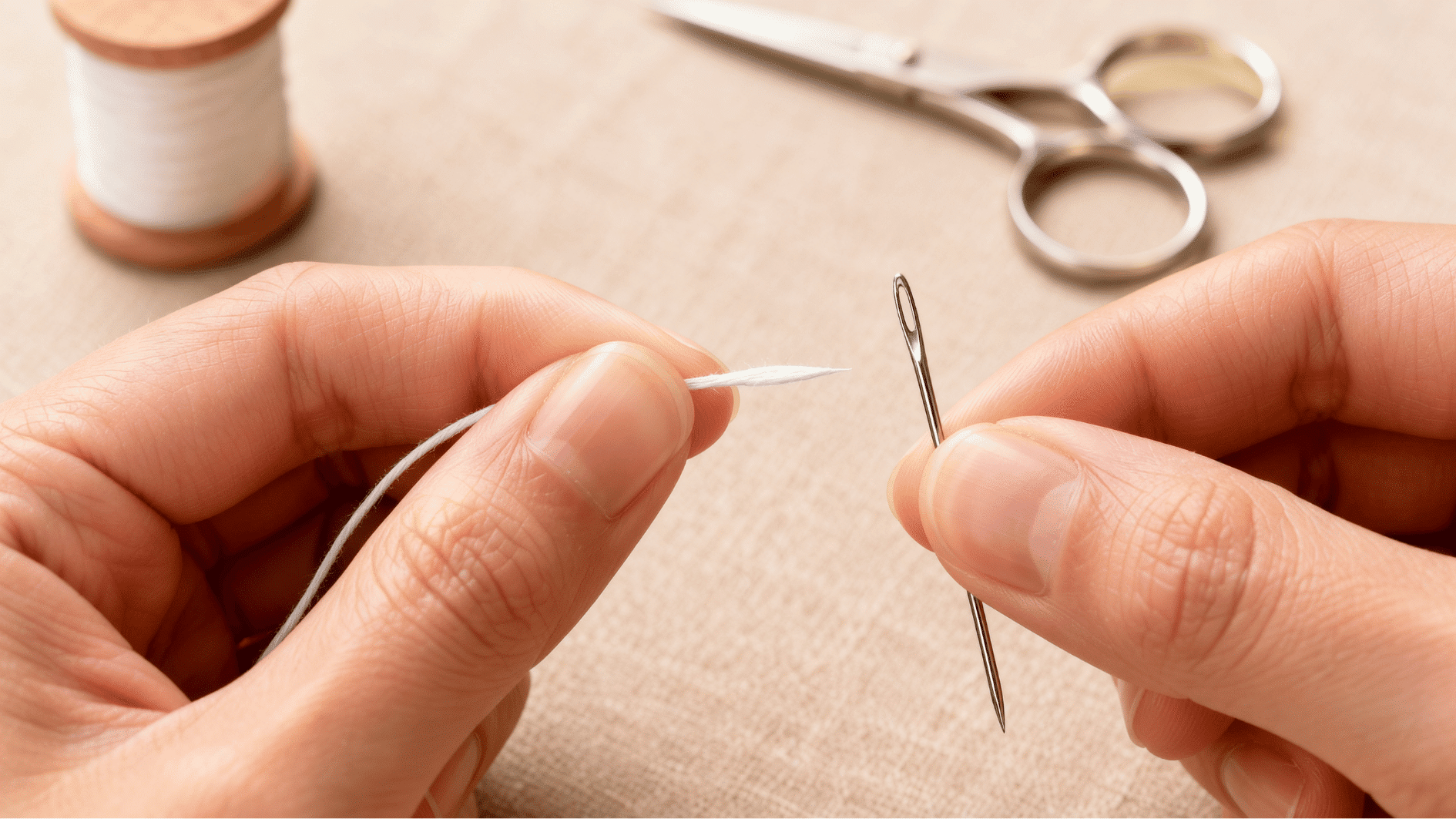 hands holding a flattened white thread tip beside a silver sewing needle on beige fabric, with a spool and scissors behind