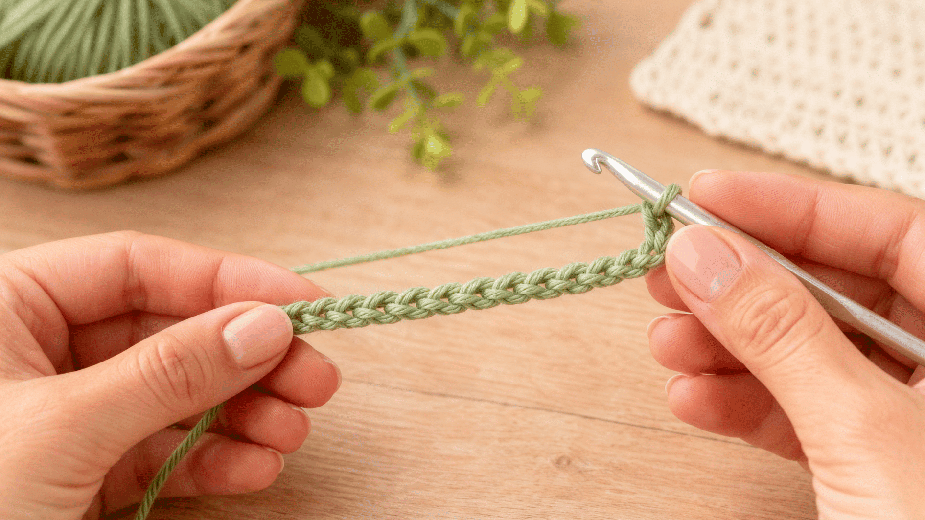 hands holding a green foundation chain with a silver crochet hook on a warm wooden craft table