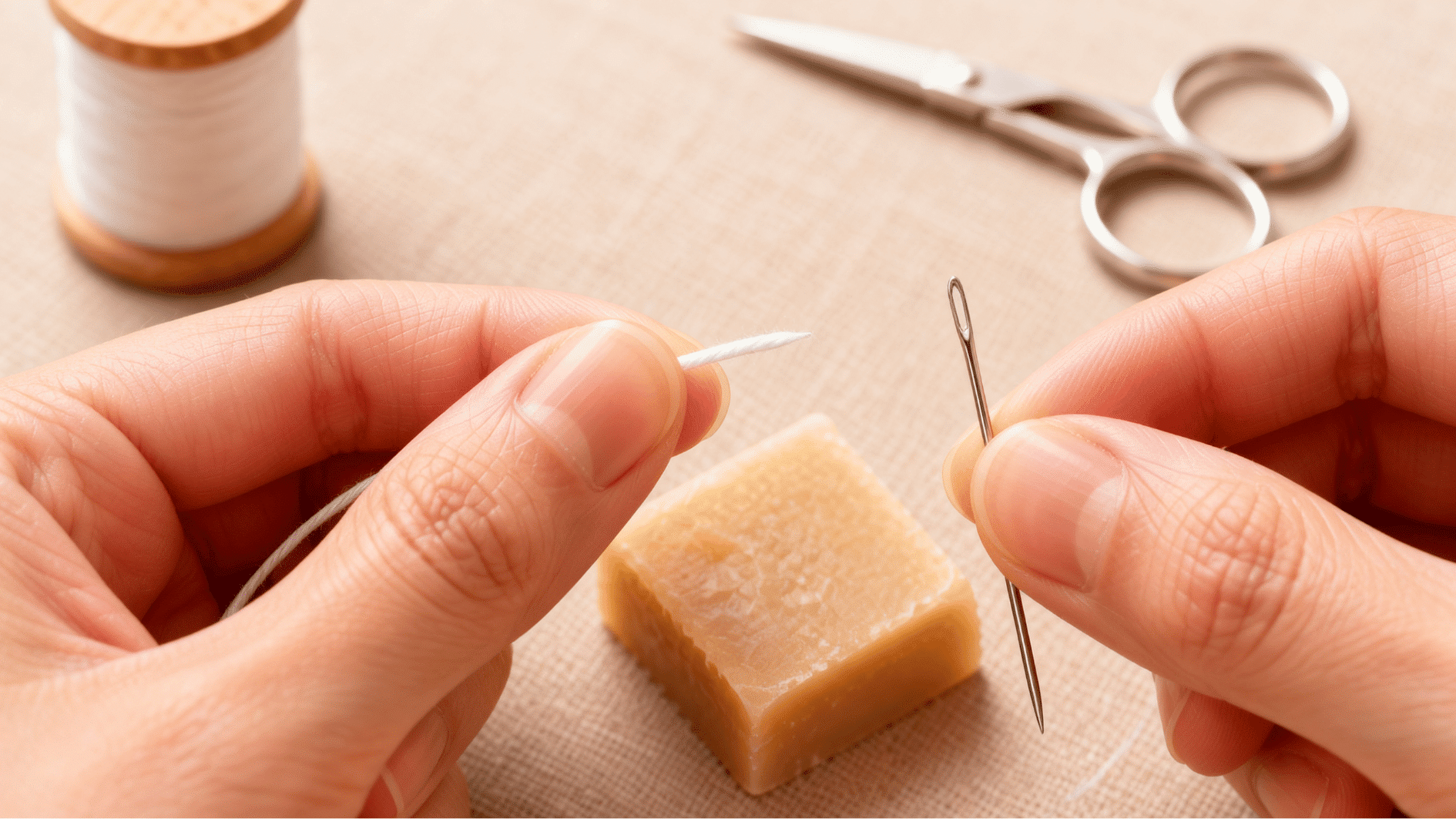 hands holding a stiffened white thread tip beside a silver needle and beeswax block on a beige sewing surface