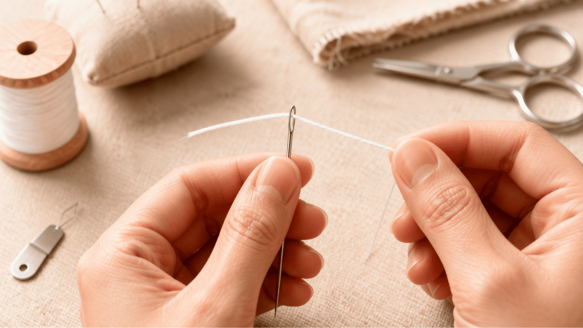 hands holding a threaded silver needle over beige fabric, with a wooden spool, pincushion, scissors, and needle threader nearby