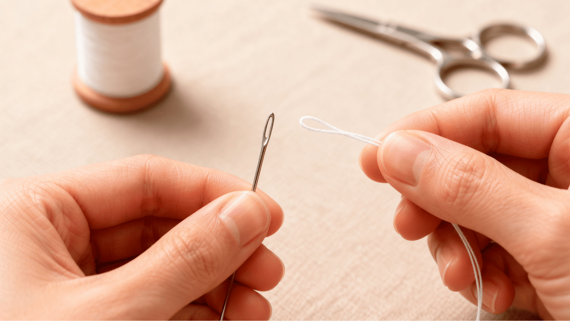hands holding a tiny loop of white thread beside a silver sewing needle on beige fabric, with a spool and scissors behind