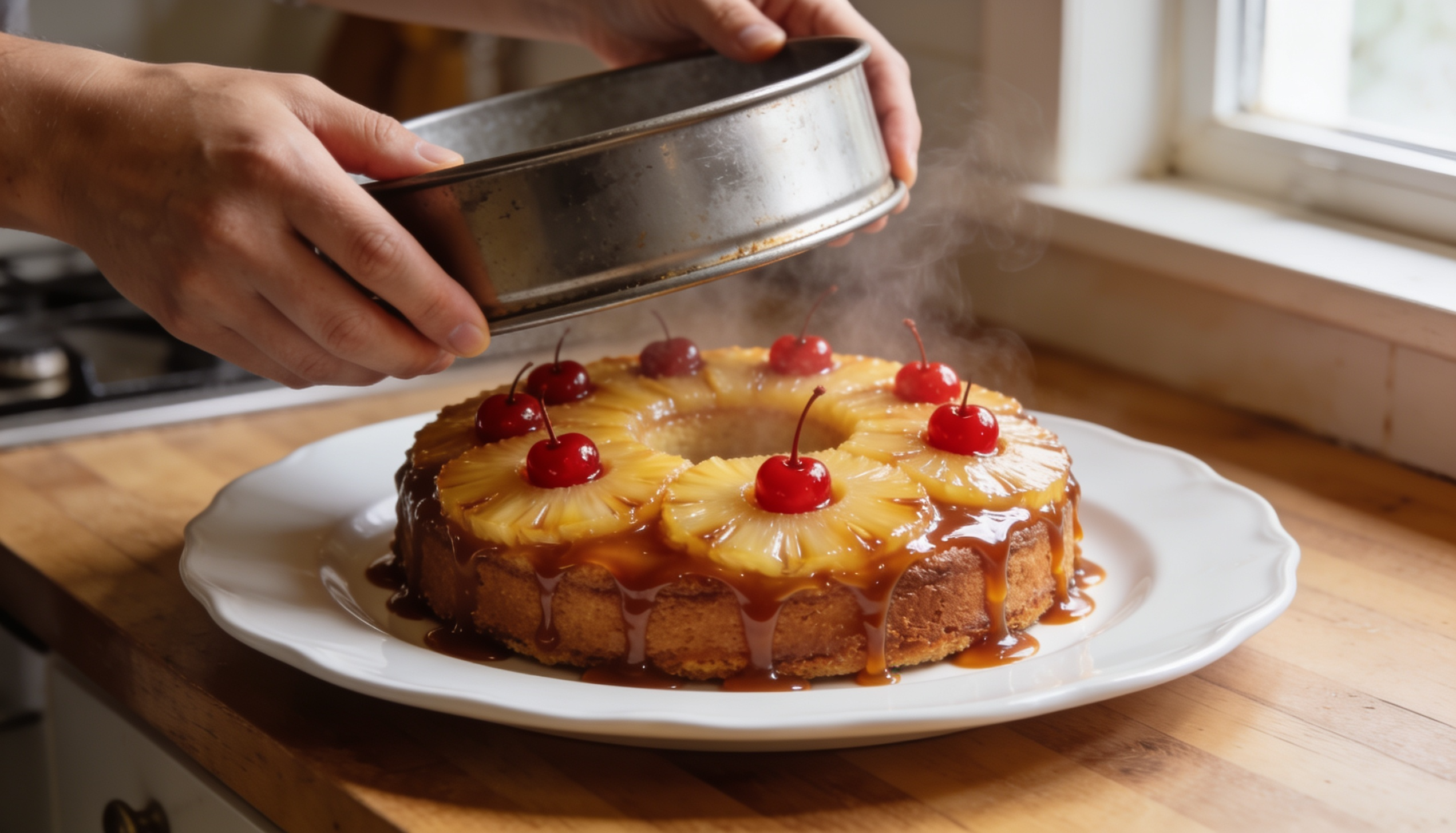 hands inverting pineapple upside-down cake onto a serving plate with caramelized topping, pineapple rings, and cherries visible