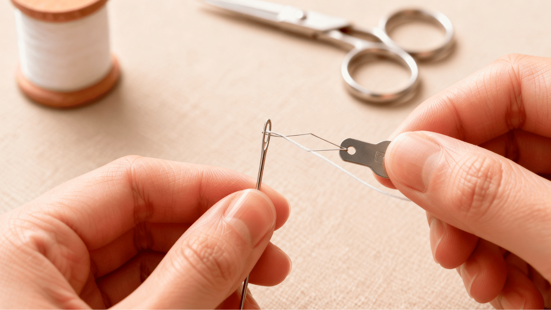 hands using a wire needle threader to pull white thread through a silver needle over beige fabric with scissors behind