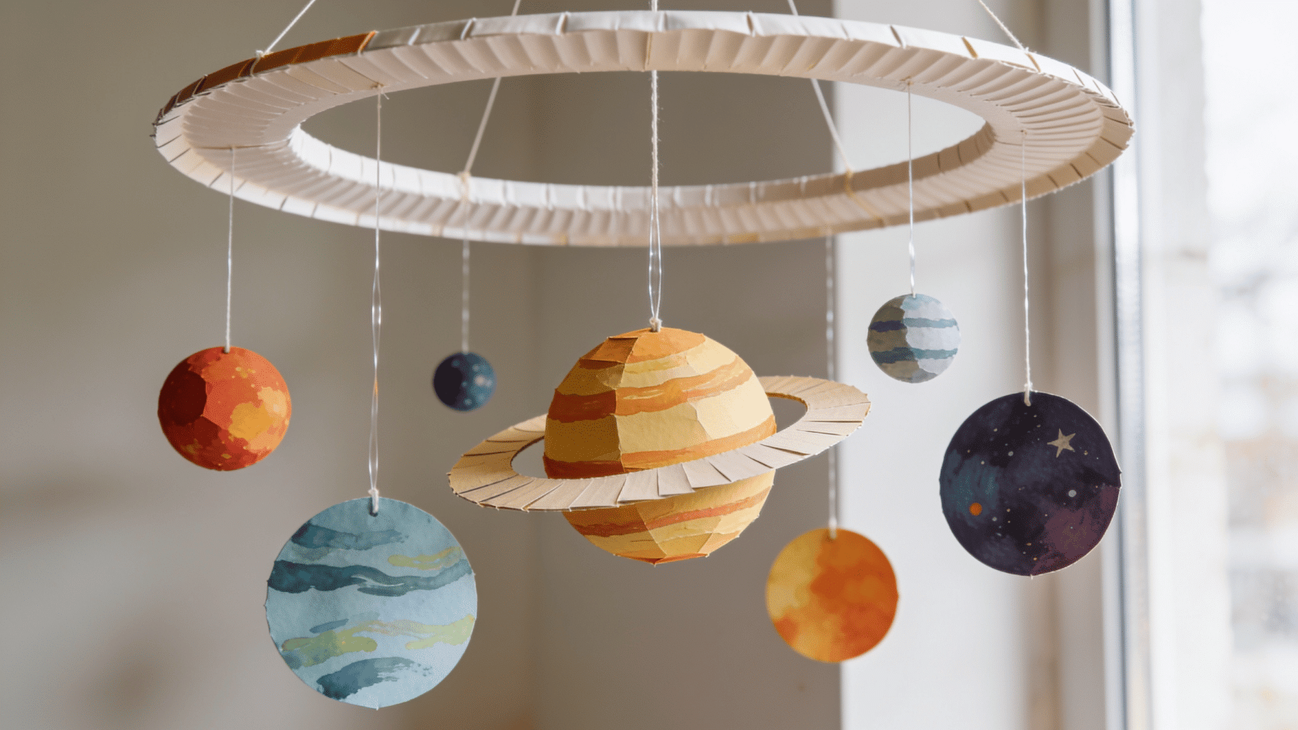 hanging solar system mobile made from painted paper circles of different sizes representing planets, including a ringed Saturn, suspended by strings from a paper plate ring