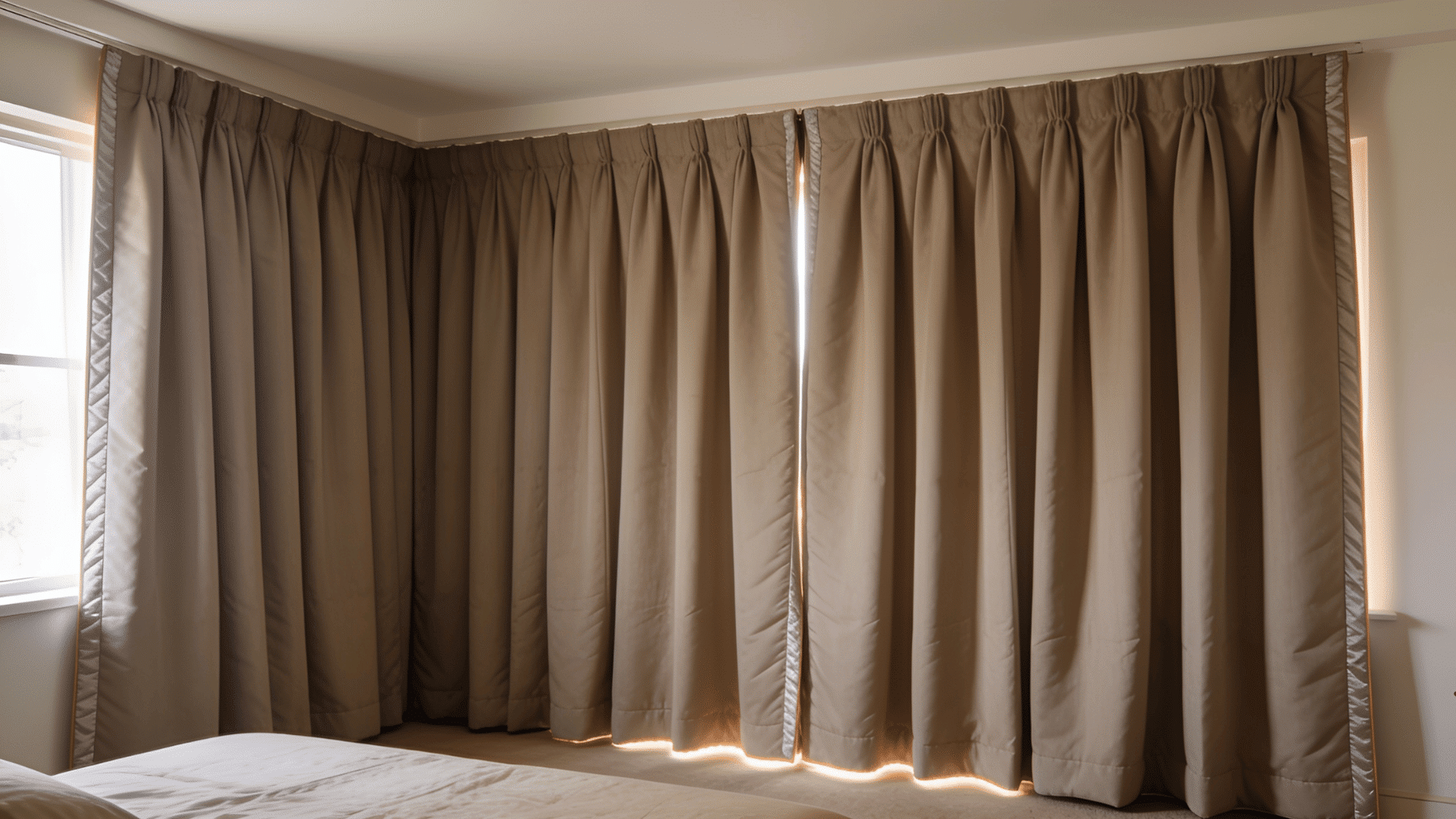 heavy taupe thermal curtains drawn across a bedroom corner, sunlight glowing along the bottom edge.
