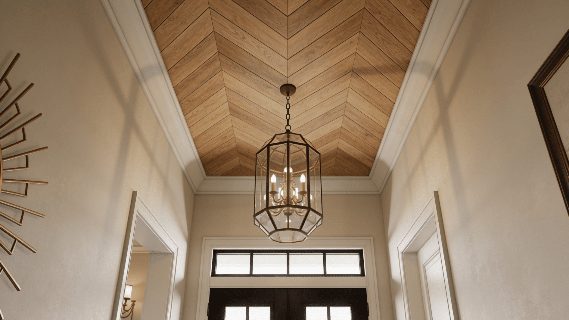 herringbone wood ceiling with zigzag wood planks in a modern classic entryway with warm natural lighting