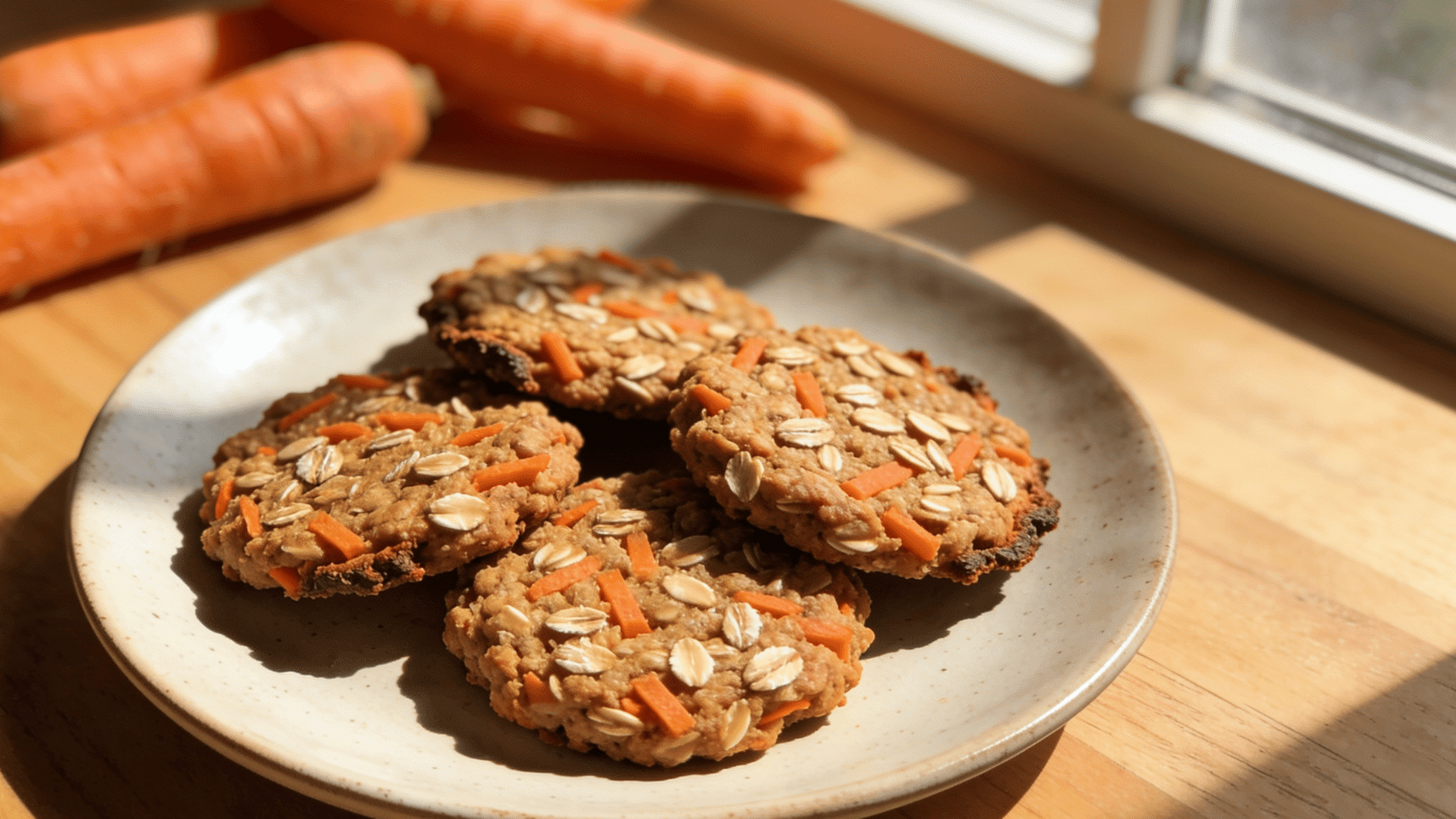 homemade carrot oat cookies on a light ceramic plate, soft golden-brown texture with visible grated carrot pieces and oats, slightly rustic edges, a few raw carrots