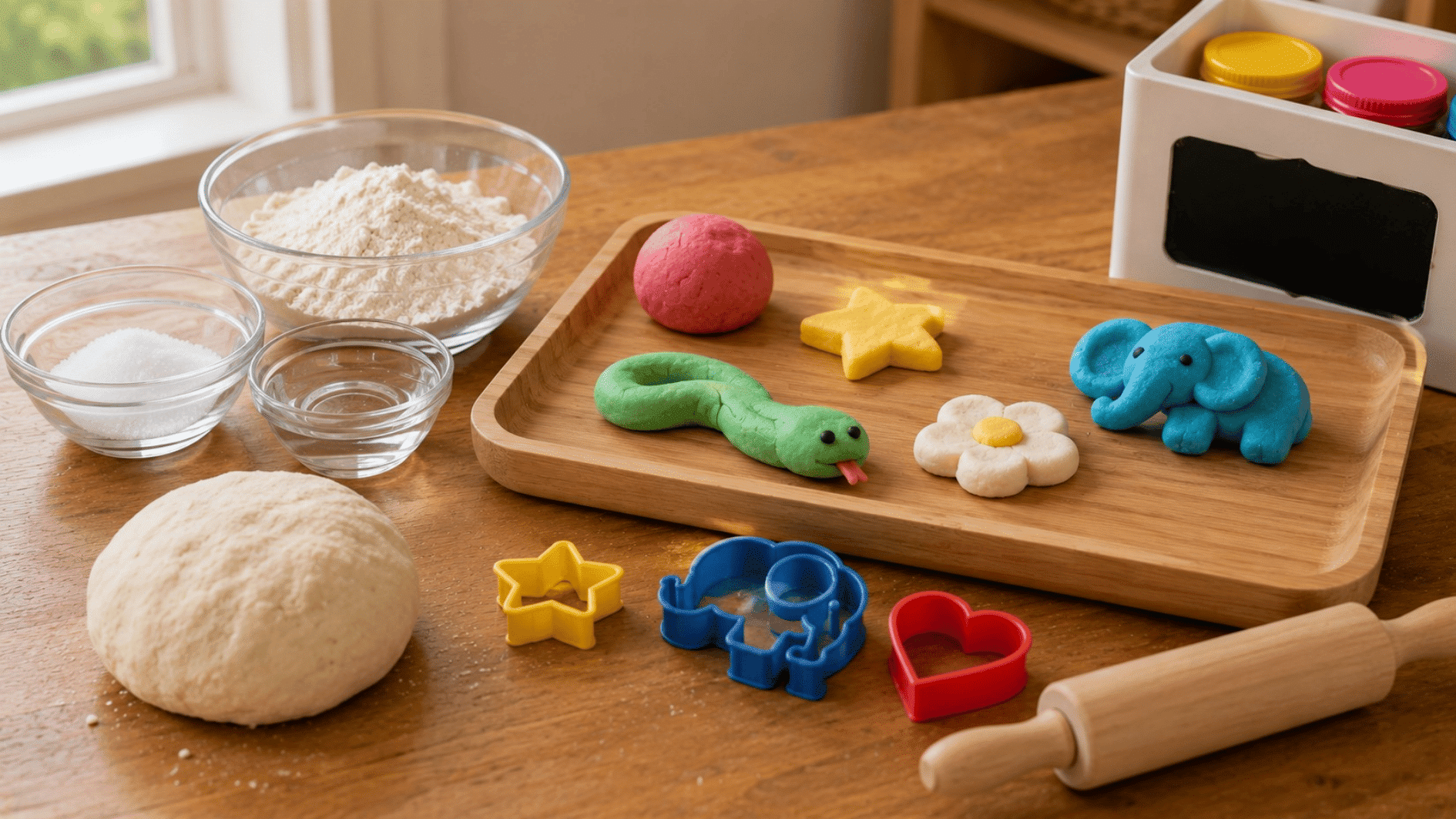homemade play dough animals shapes cutters rolling pin and ingredients arranged on a wooden tabletop