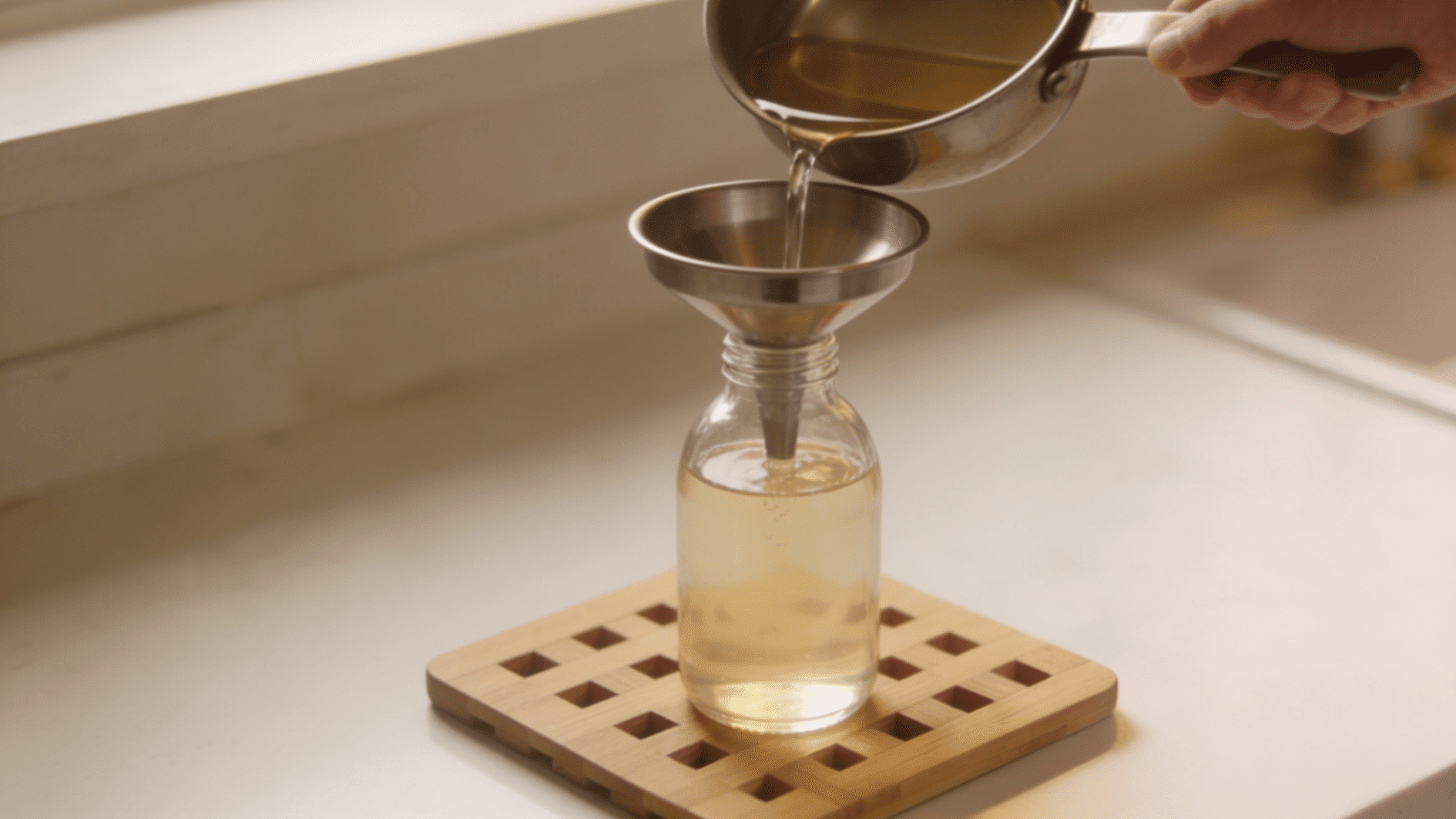 hot simple syrup poured through a metal funnel into a clear glass bottle on a wooden trivet in a sunny kitchen