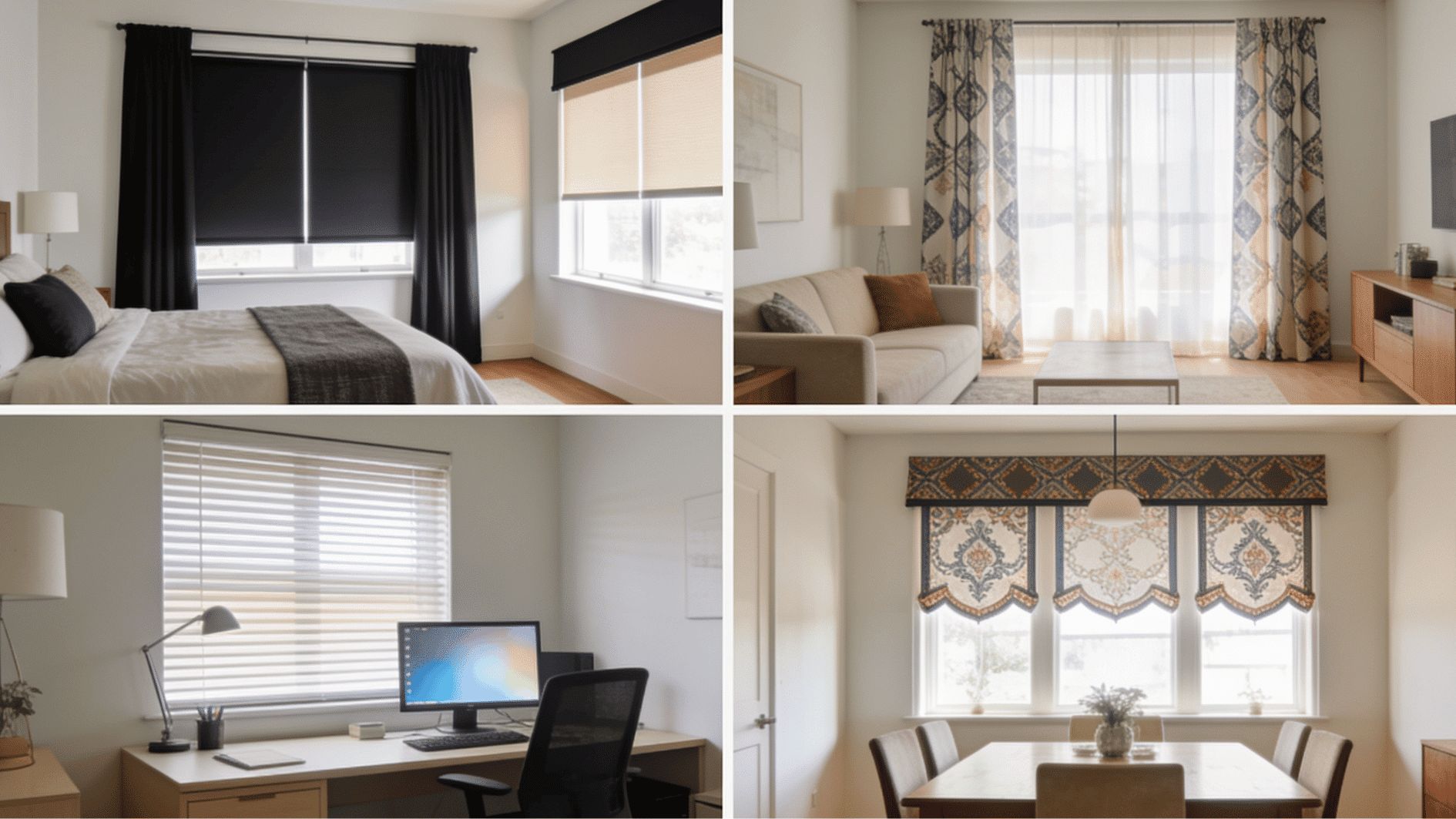 window treatment examples showing layered curtains, blinds, shades, and sheers for bedrooms, living rooms, offices, and dining areas