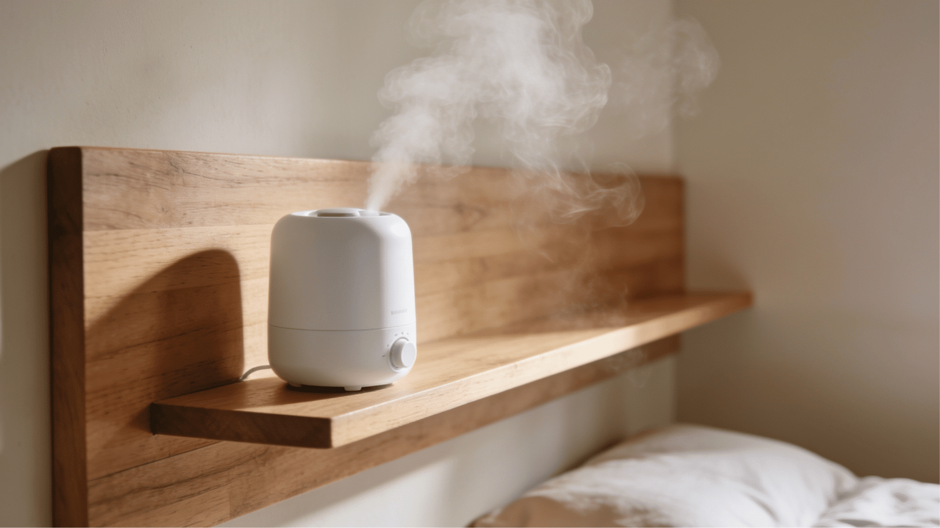 humidifier placed at waist height on a shelf to help mist travel through a larger bedroom