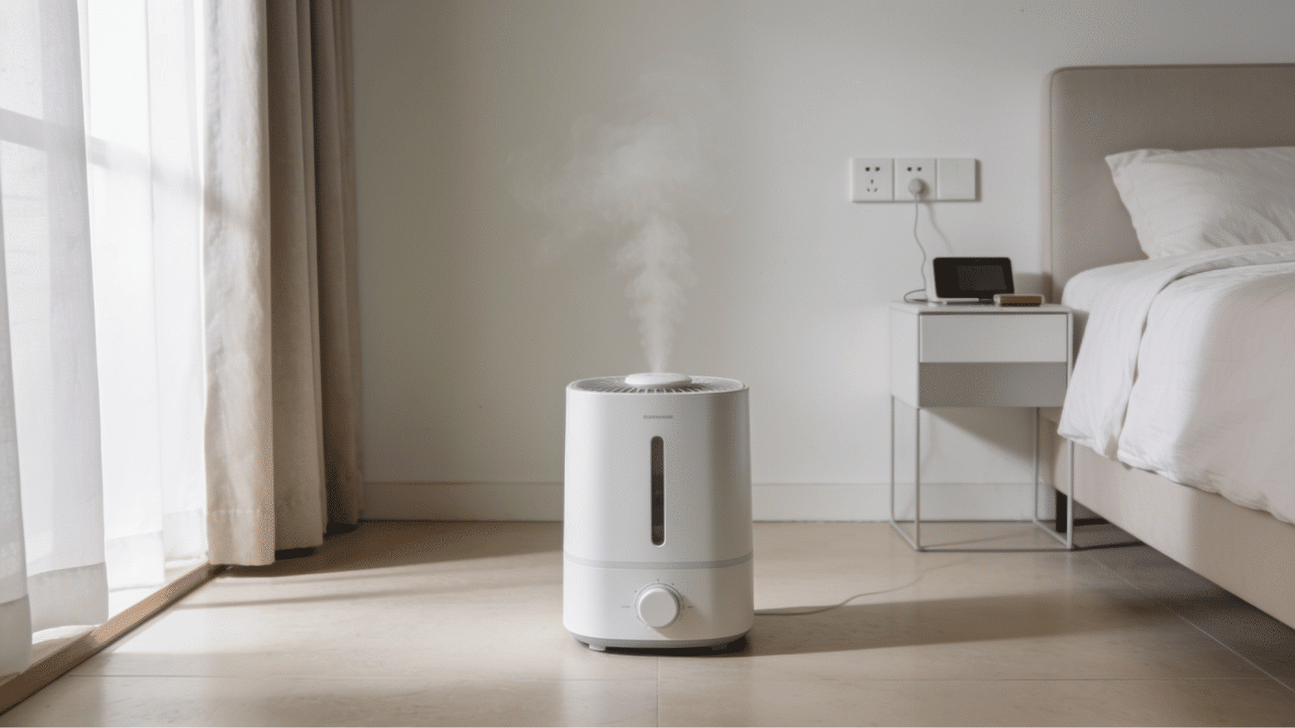 humidifier placed away from curtains and electronics to prevent moisture related damage