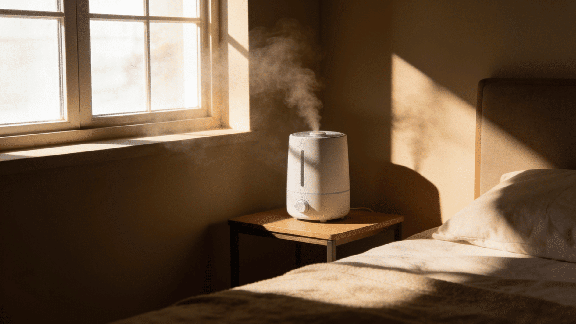 humidifier placed in a shaded corner away from sunlight and heat sources for safety