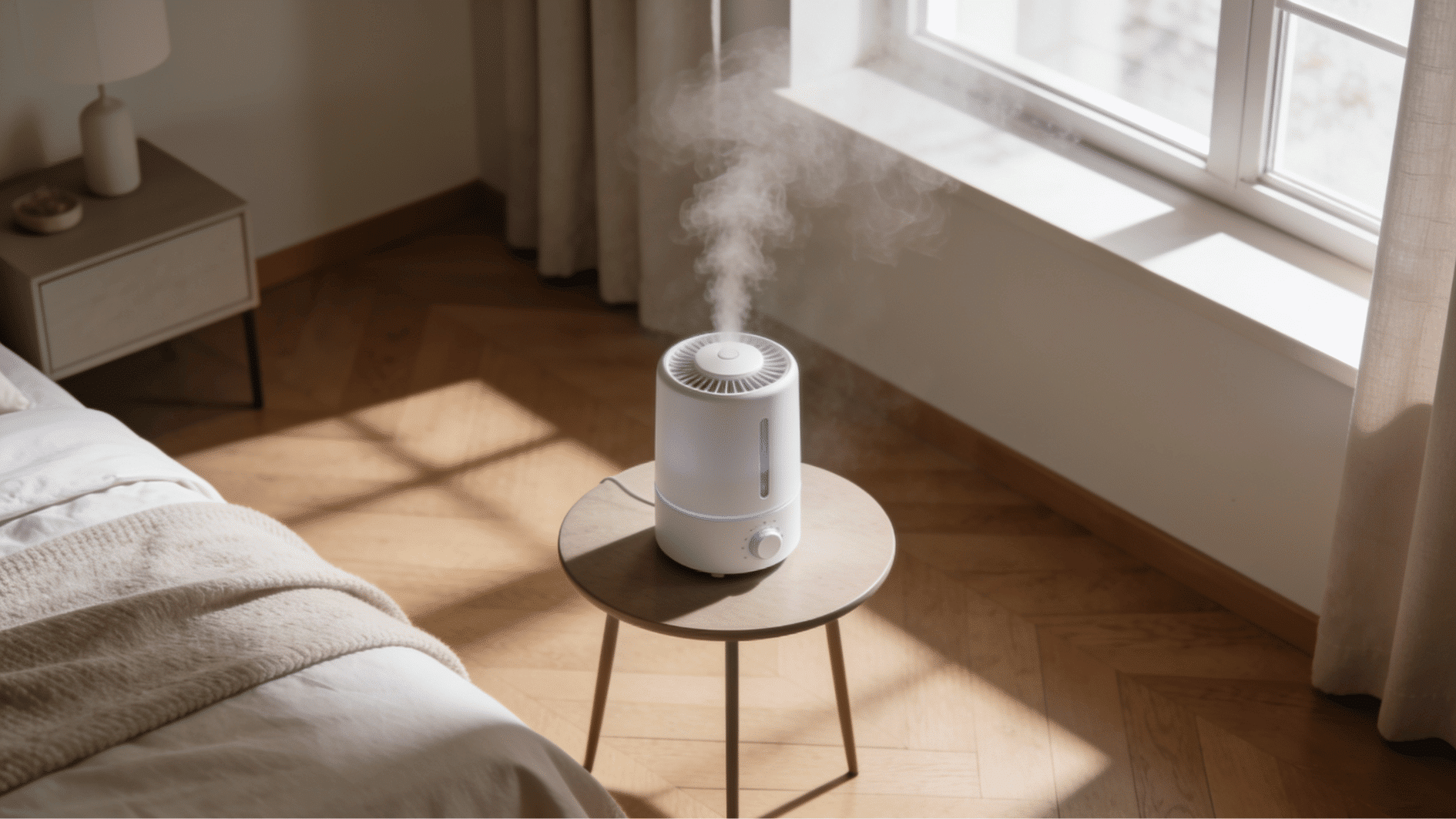 humidifier placed in the center of a bedroom releasing soft mist for even moisture distribution