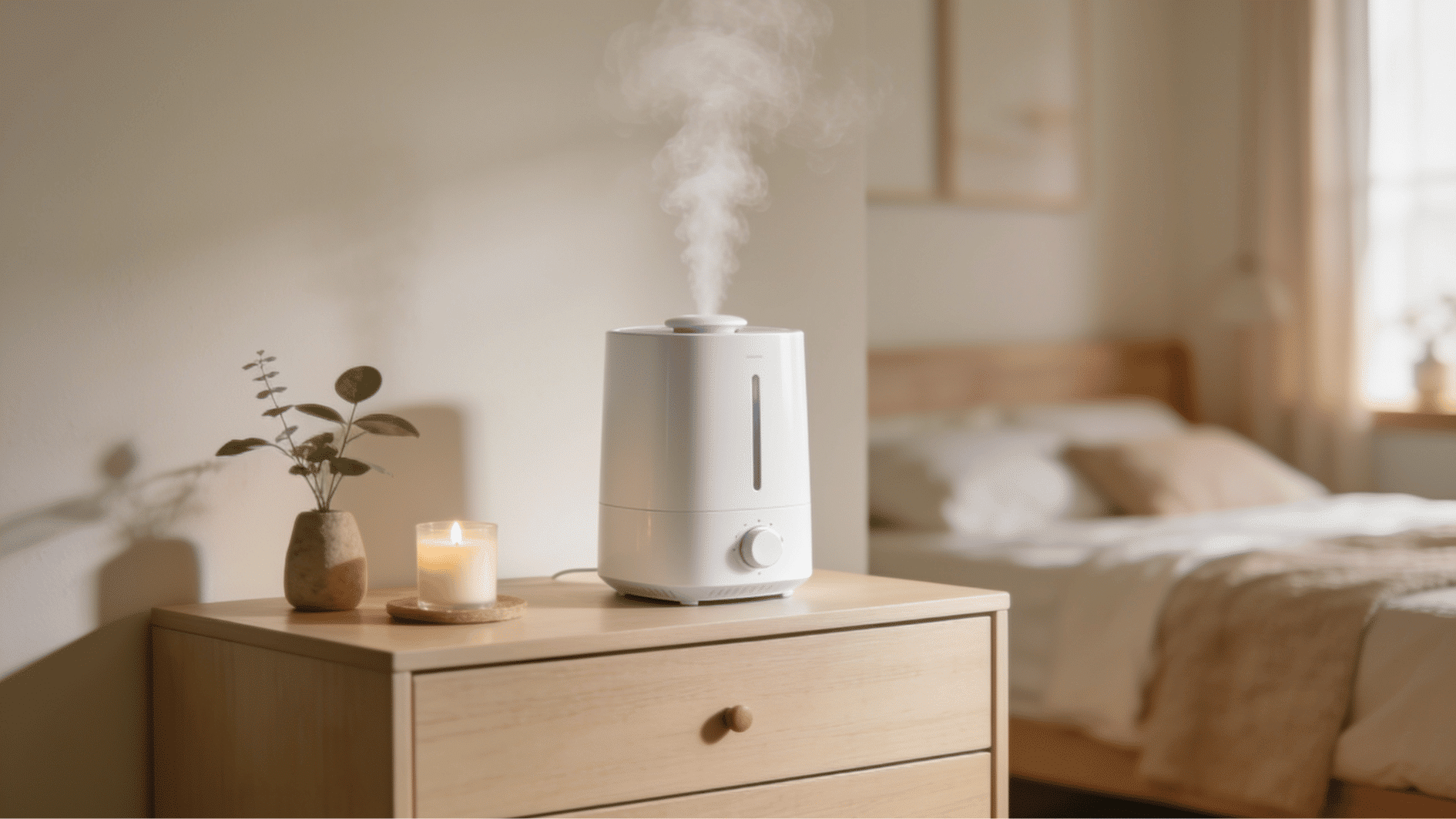 humidifier placed on a wooden dresser releasing mist in a softly lit bedroom setting